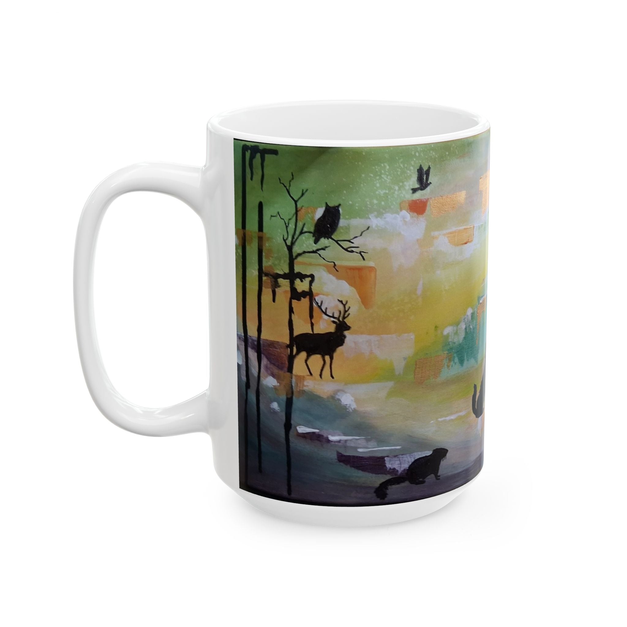 GUARDIANS OF THE FOREST - Wildlife Silhouette Ceramic Mug — Scenic Bear, Wolf & Bird Coffee Cup (11oz/15oz)