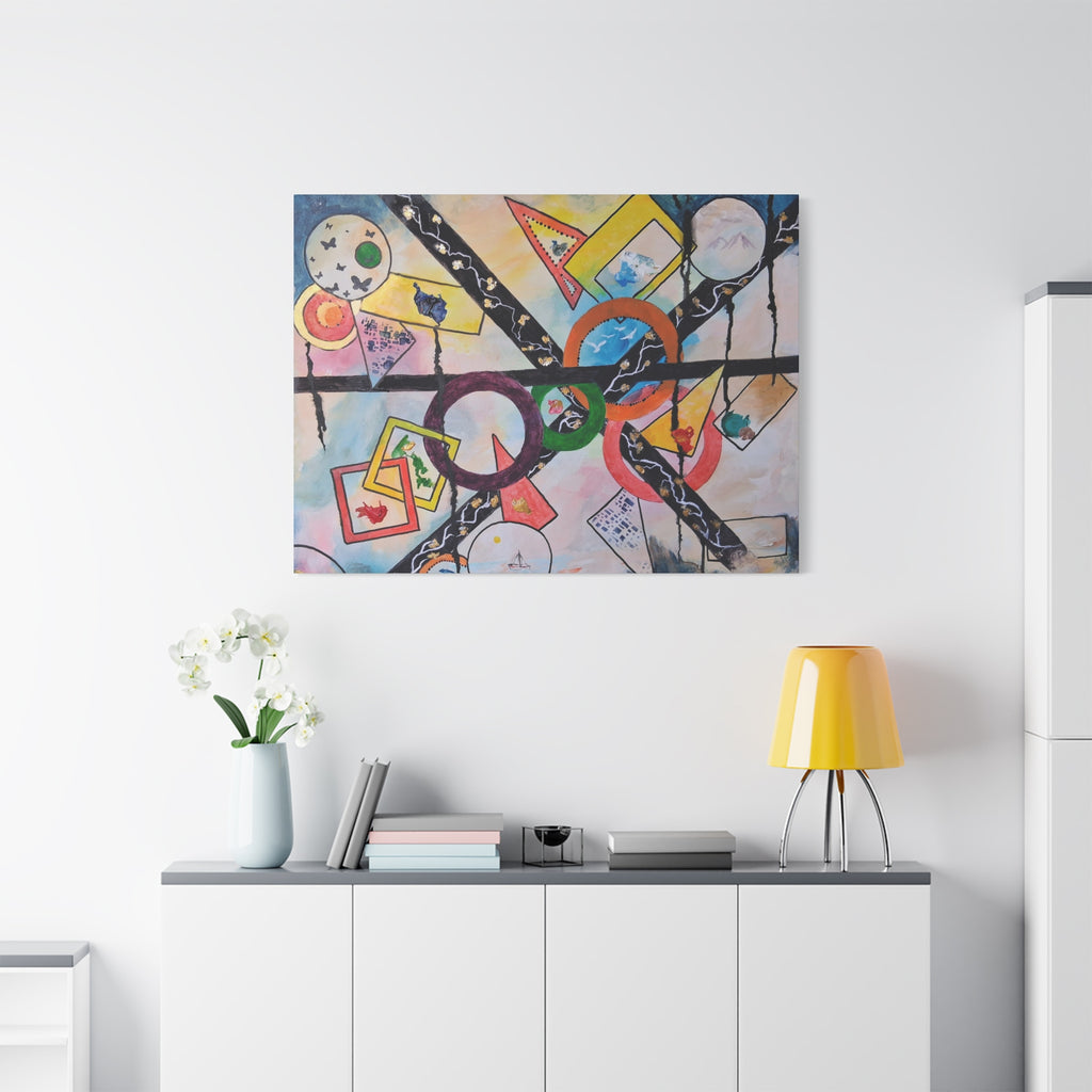 SERCHING FOR GREATNESS - Abstract Geometric Canvas Print — Colorful Rings & Cards Matte Stretched Wall Art