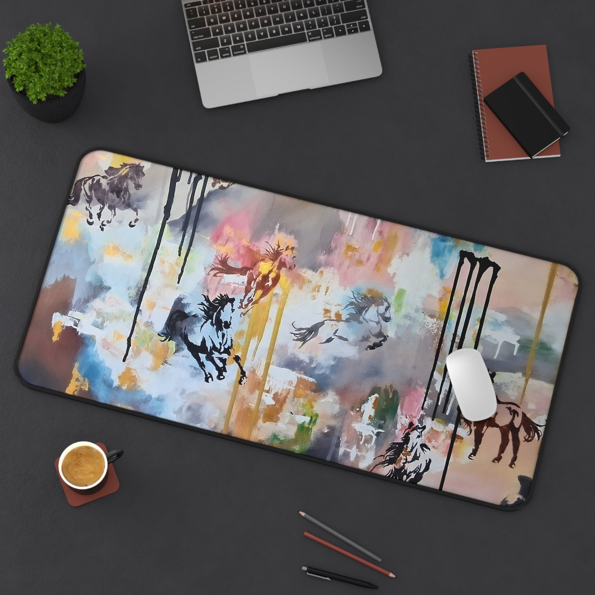 GUARDIANS OF THE QUIET PLAINS - Abstract Horsescape Desk Mat — Colorful Equestrian Art Desk Pad