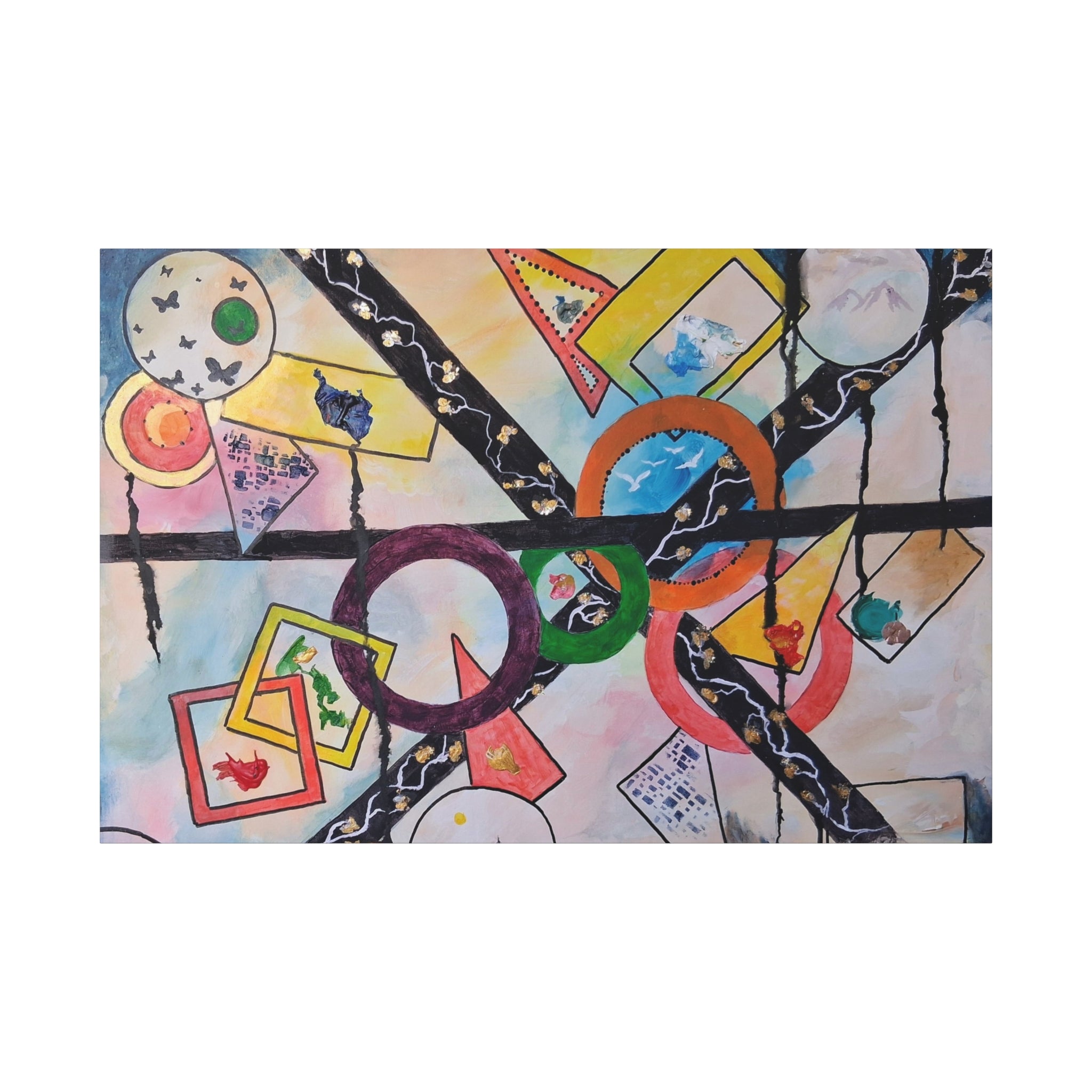 SERCHING FOR GREATNESS - Abstract Geometric Canvas Print — Colorful Rings & Cards Matte Stretched Wall Art