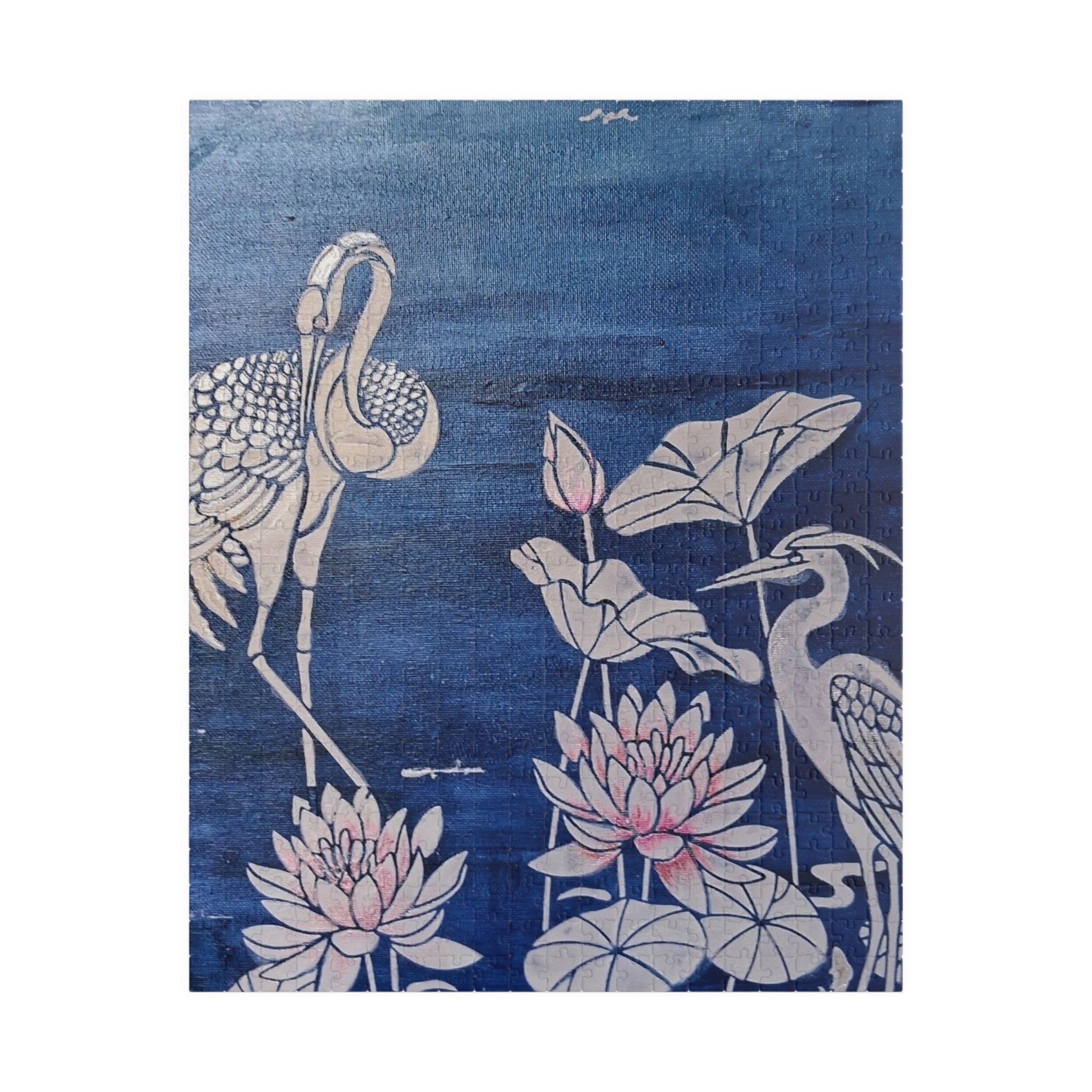 WATER LILLY SONATA -  Lotus & Heron Jigsaw Puzzle – Tranquil Blue Botanical Puzzle (110/252/520/1014 pcs)