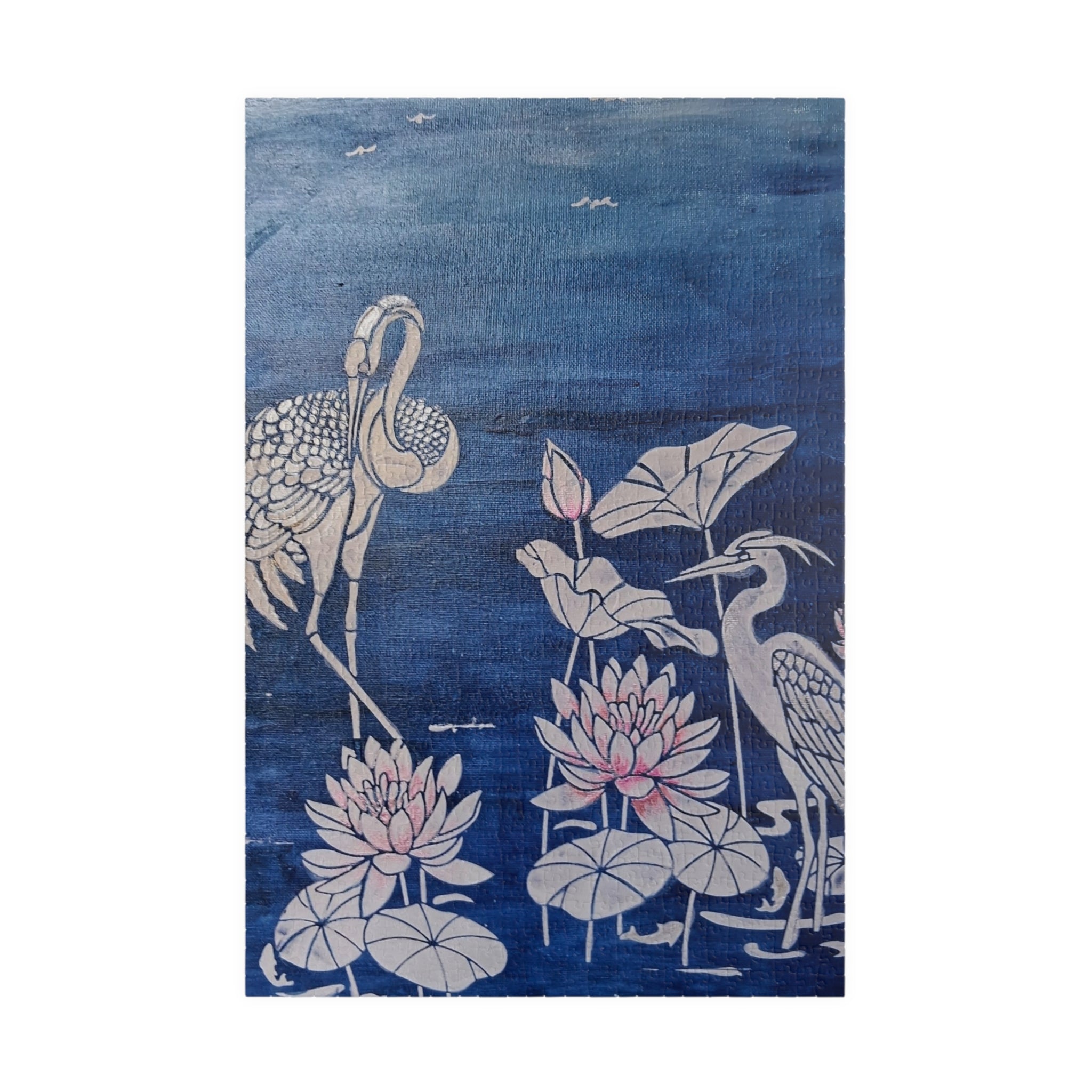 WATER LILLY SONATA -  Lotus & Heron Jigsaw Puzzle – Tranquil Blue Botanical Puzzle (110/252/520/1014 pcs)