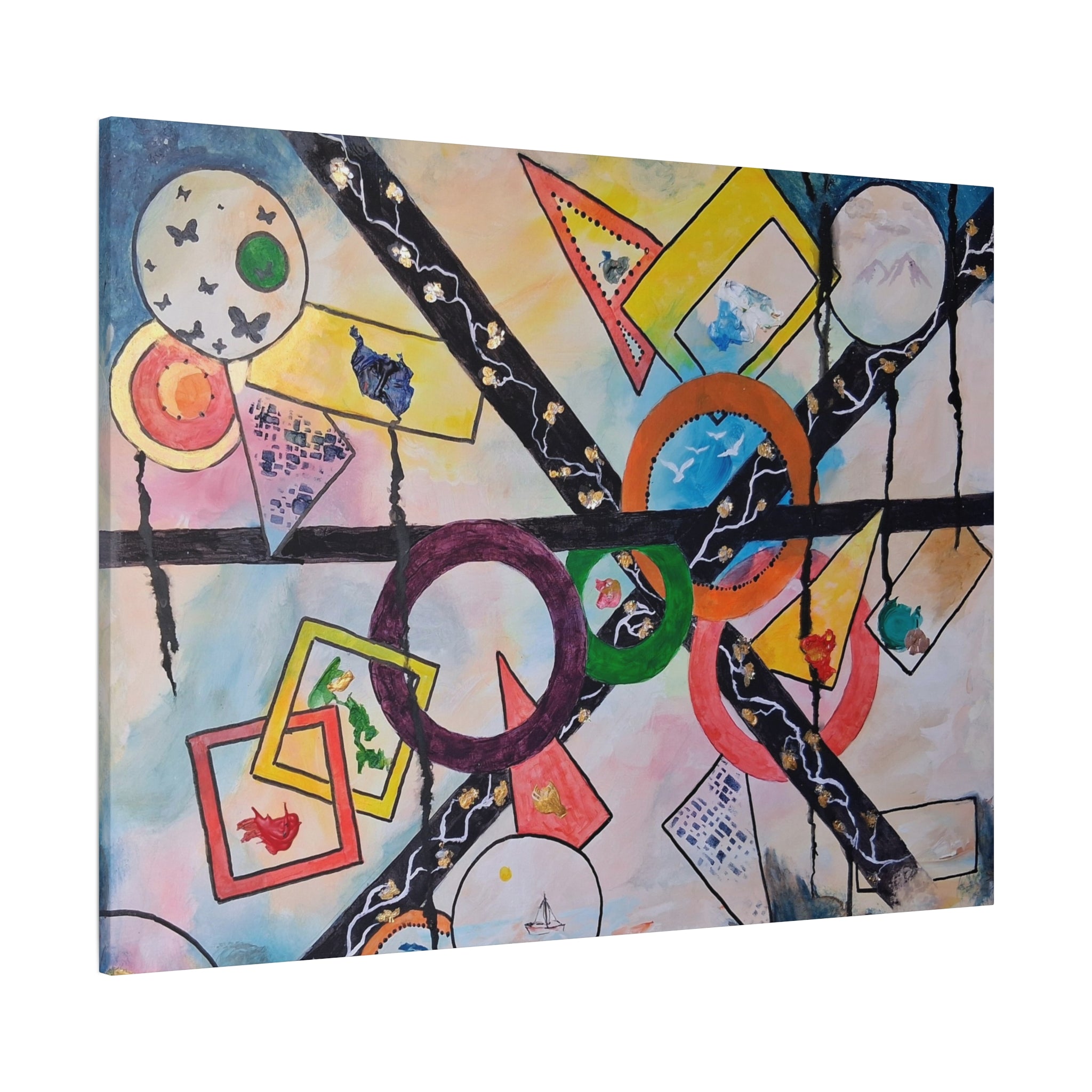 SERCHING FOR GREATNESS - Abstract Geometric Canvas Print — Colorful Rings & Cards Matte Stretched Wall Art
