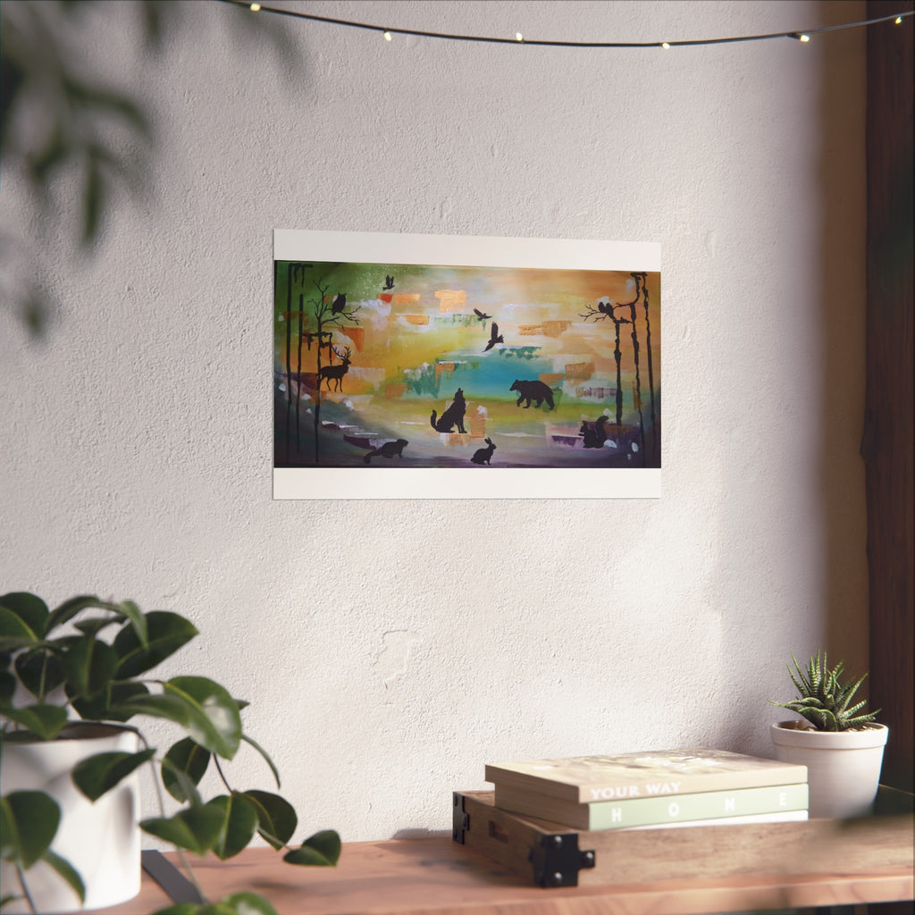 Wildlife Silhouette Fine Art Poster — Forest Animals Sunset Wall Art
