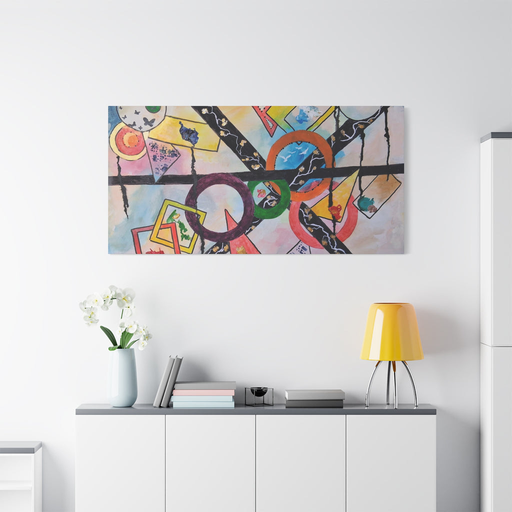 SERCHING FOR GREATNESS - Abstract Geometric Canvas Print — Colorful Rings & Cards Matte Stretched Wall Art