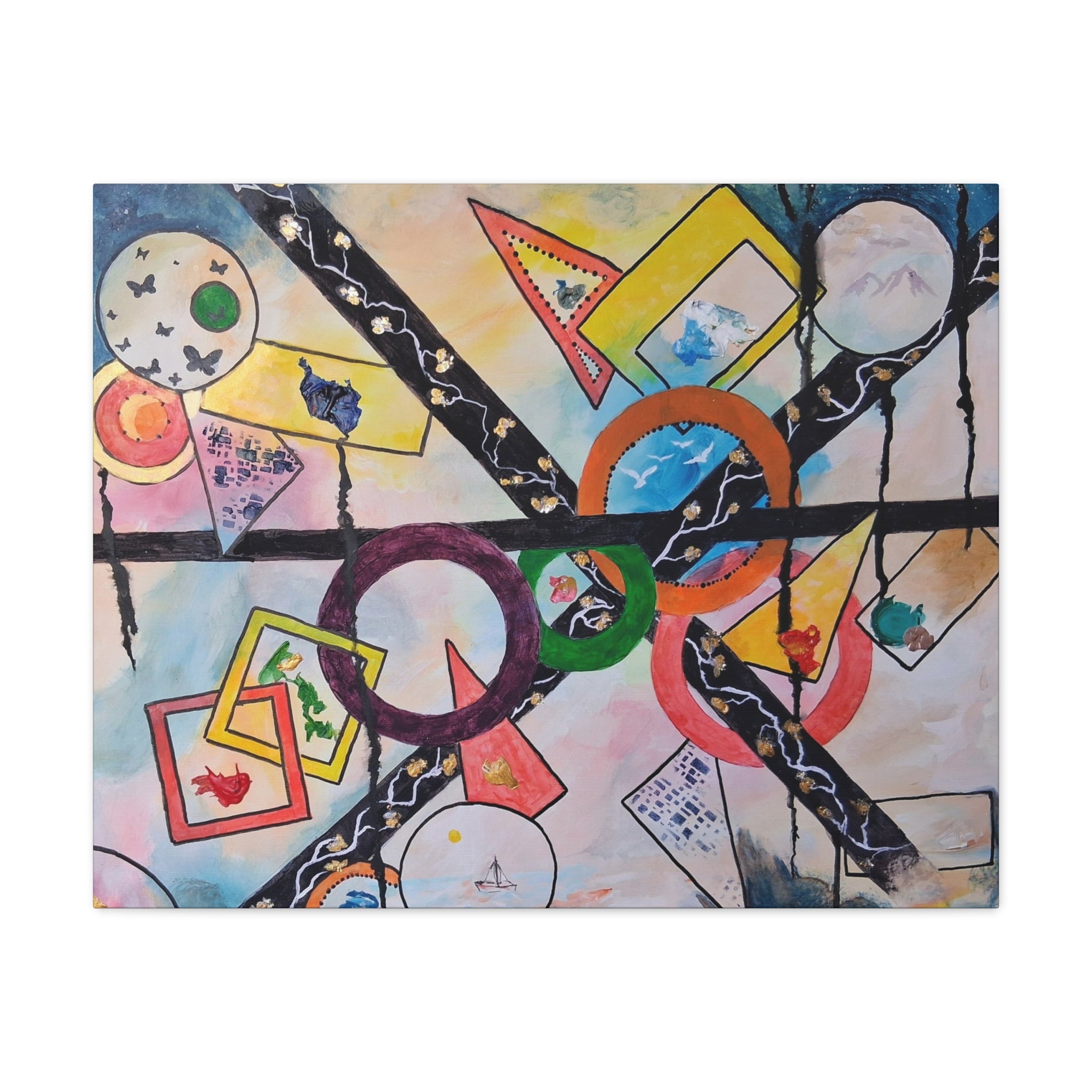 SERCHING FOR GREATNESS - Abstract Geometric Canvas Print — Colorful Rings & Cards Matte Stretched Wall Art