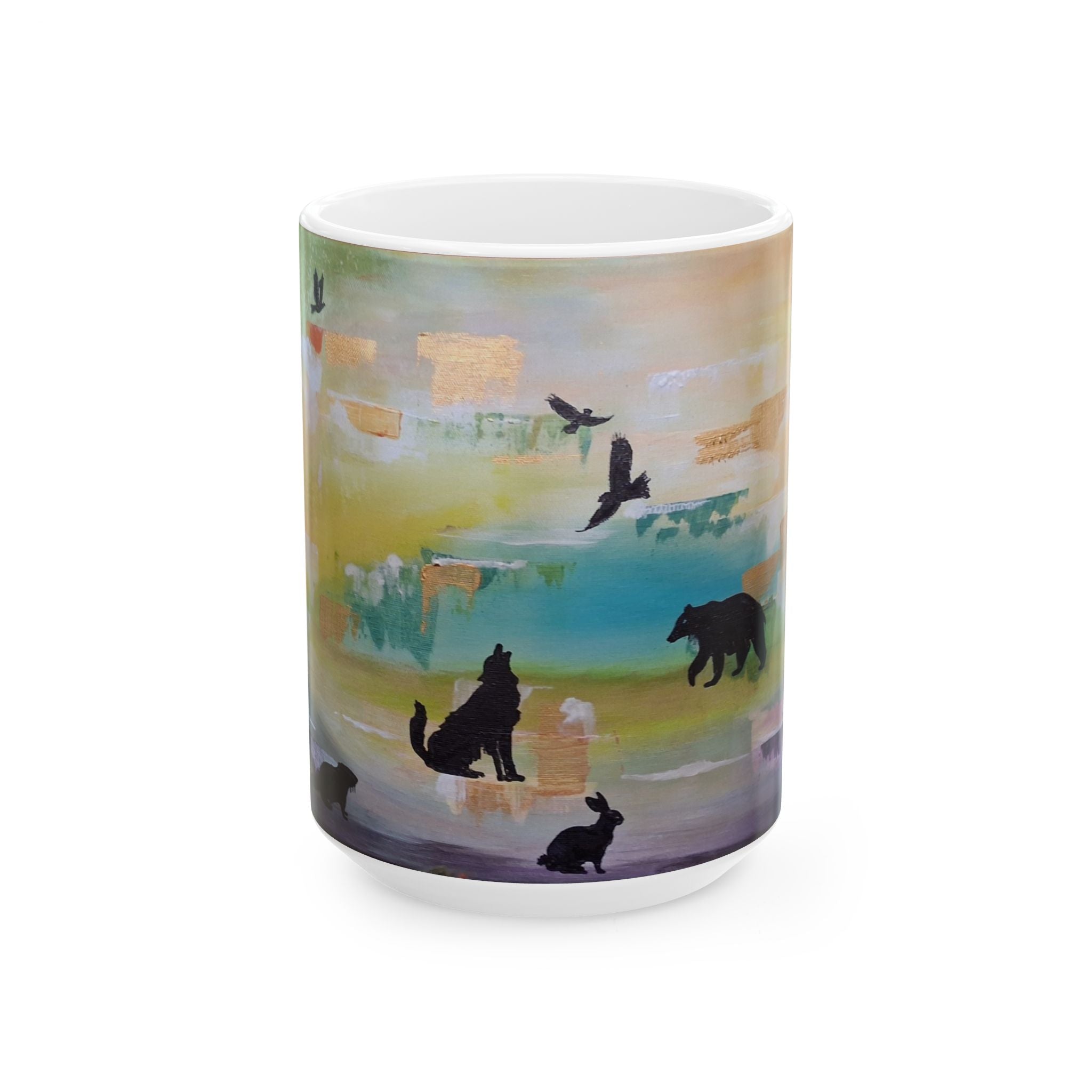 GUARDIANS OF THE FOREST - Wildlife Silhouette Ceramic Mug — Scenic Bear, Wolf & Bird Coffee Cup (11oz/15oz)