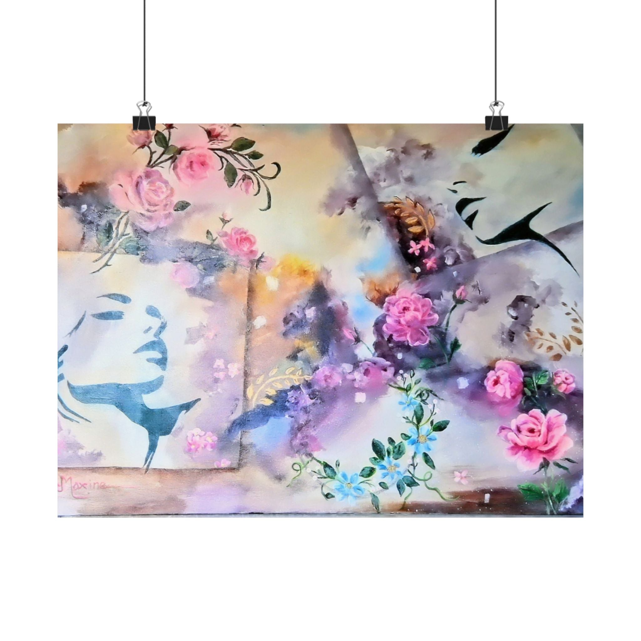 ANGELS AMONG US  Floral  Wall Poster — Matte Horizontal Art Print with Pink Roses