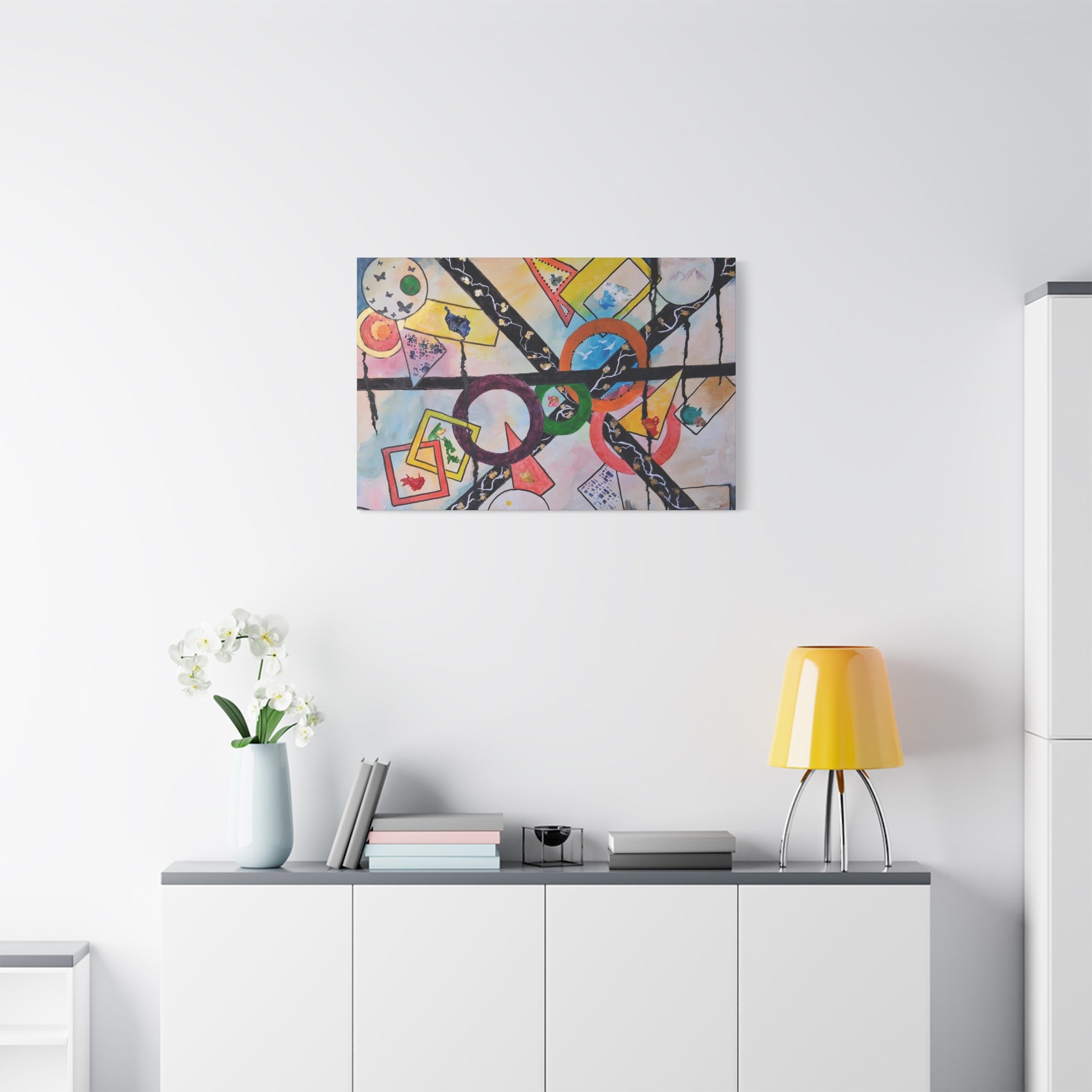 SERCHING FOR GREATNESS - Abstract Geometric Canvas Print — Colorful Rings & Cards Matte Stretched Wall Art