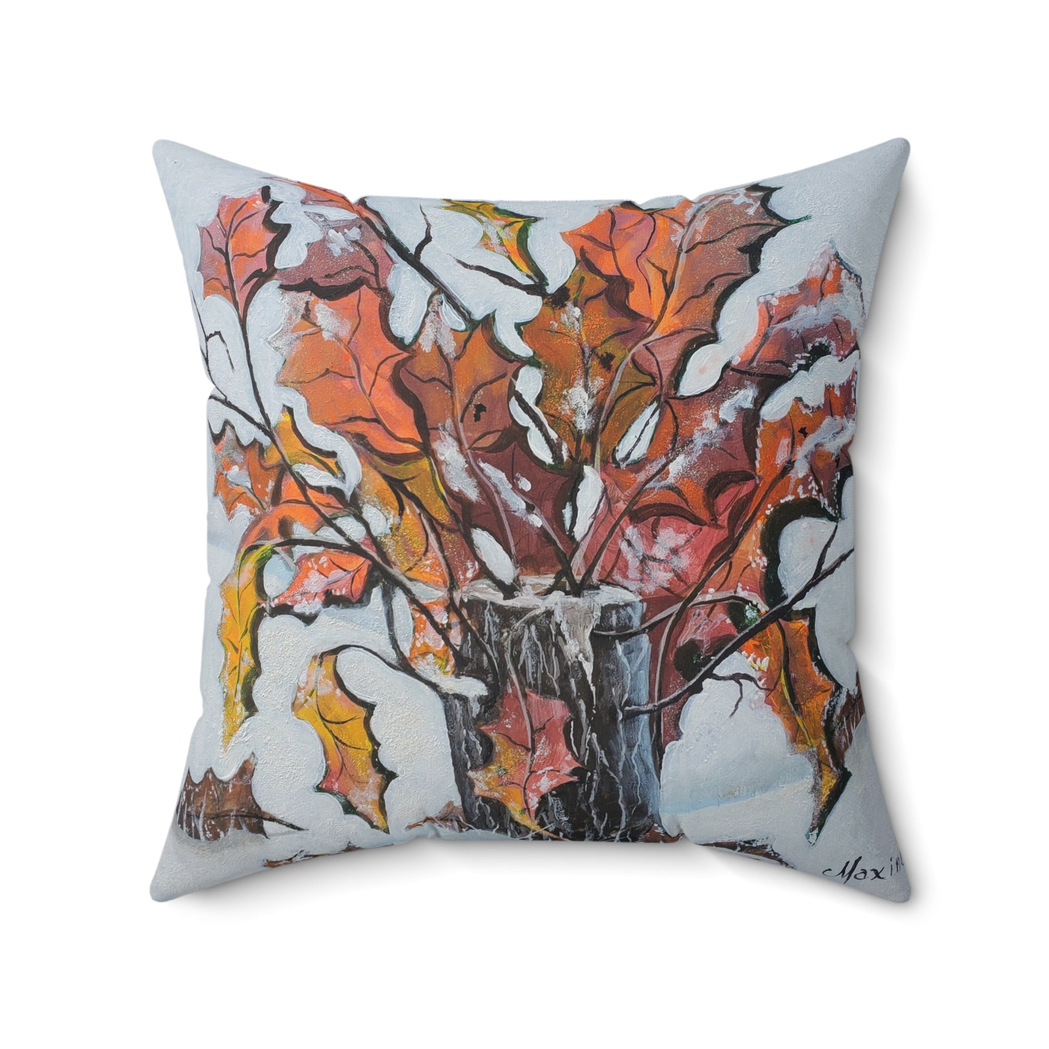 Autumn Branches Square Pillow — Watercolor Fall Leaves Decorative Throw Pillow