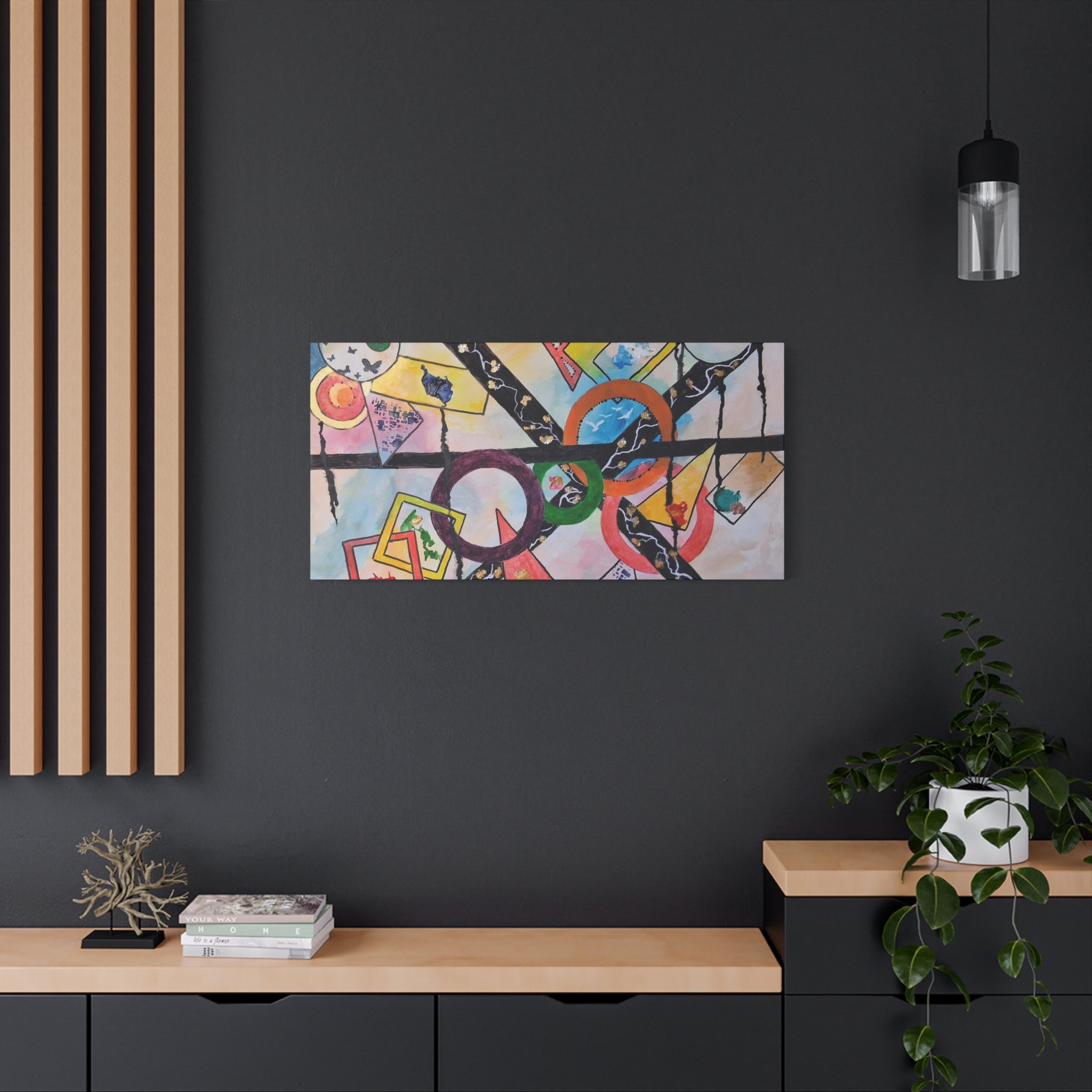 SERCHING FOR GREATNESS - Abstract Geometric Canvas Print — Colorful Rings & Cards Matte Stretched Wall Art