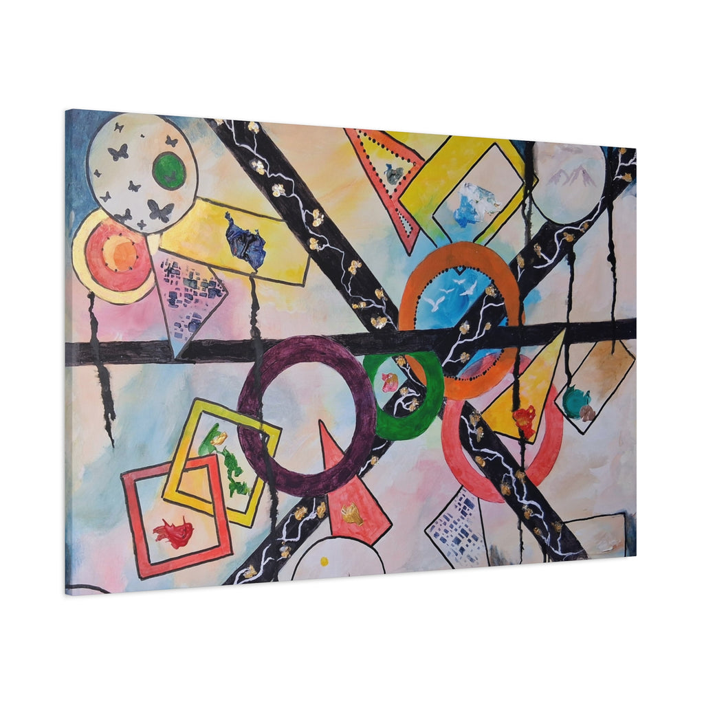 SERCHING FOR GREATNESS - Abstract Geometric Canvas Print — Colorful Rings & Cards Matte Stretched Wall Art