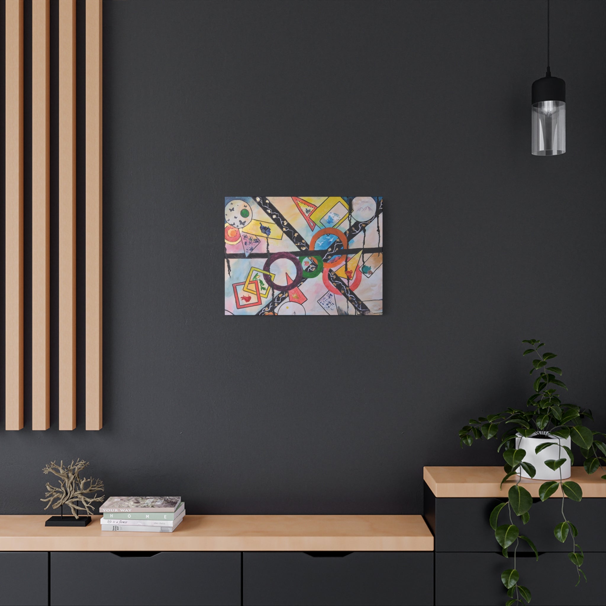 SERCHING FOR GREATNESS - Abstract Geometric Canvas Print — Colorful Rings & Cards Matte Stretched Wall Art
