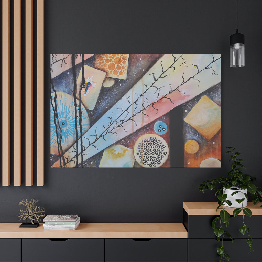 GOLDEN CARTOGRAPHY - DRIFT OF THE BLUE REALM - Abstract Geometric Canvas Art - Pastel Galaxy Stretched Matte Print