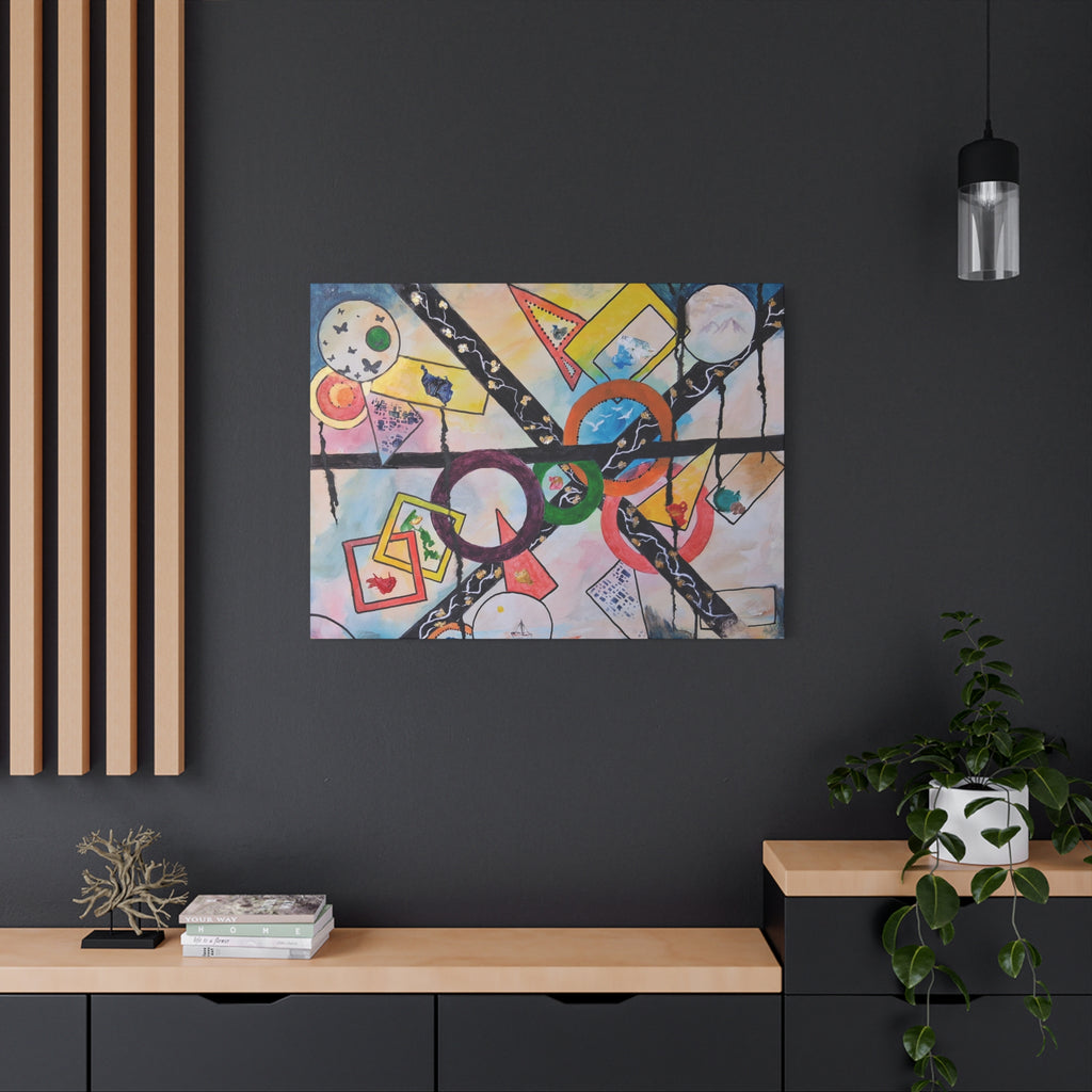 SERCHING FOR GREATNESS - Abstract Geometric Canvas Print — Colorful Rings & Cards Matte Stretched Wall Art