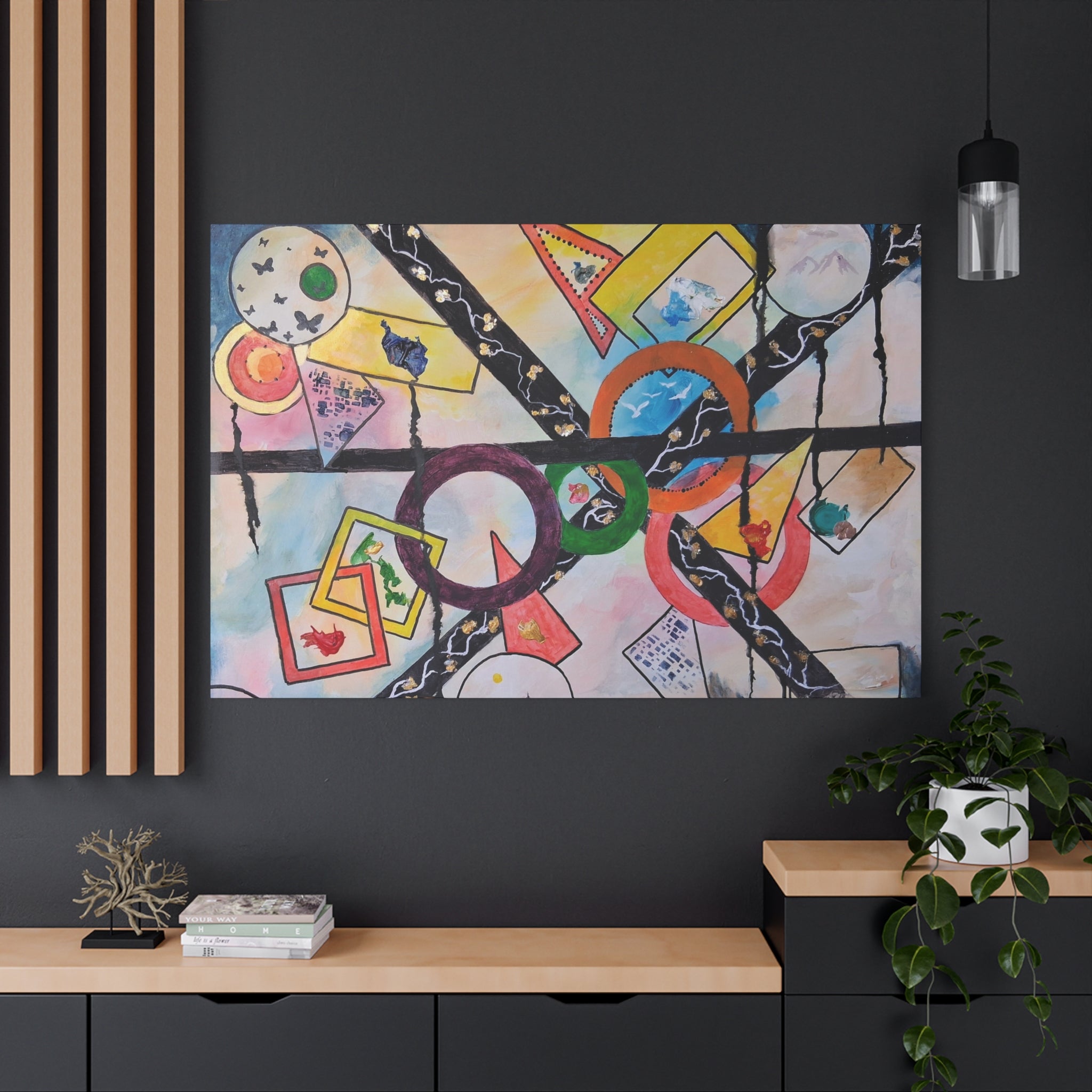 SERCHING FOR GREATNESS - Abstract Geometric Canvas Print — Colorful Rings & Cards Matte Stretched Wall Art