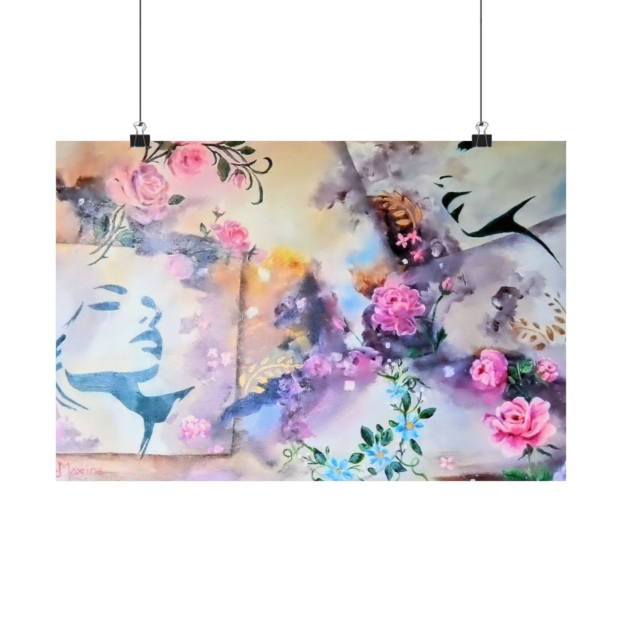ANGELS AMONG US  Floral  Wall Poster — Matte Horizontal Art Print with Pink Roses