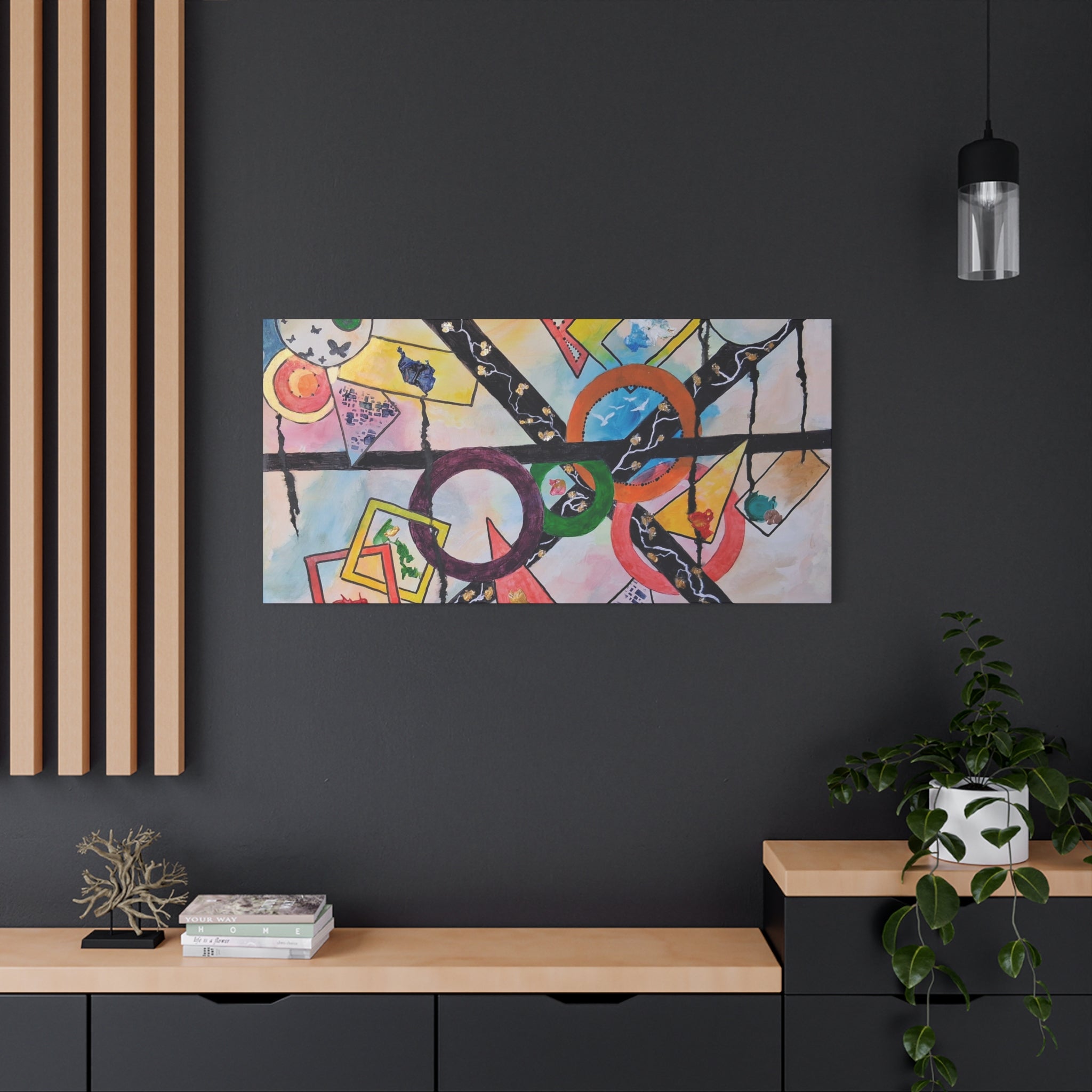 SERCHING FOR GREATNESS - Abstract Geometric Canvas Print — Colorful Rings & Cards Matte Stretched Wall Art