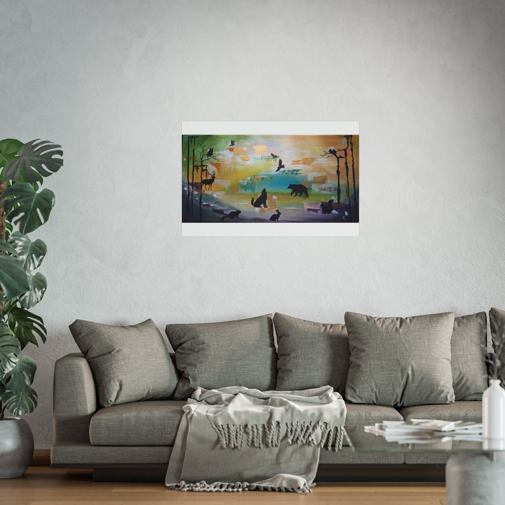 Wildlife Silhouette Fine Art Poster — Forest Animals Sunset Wall Art