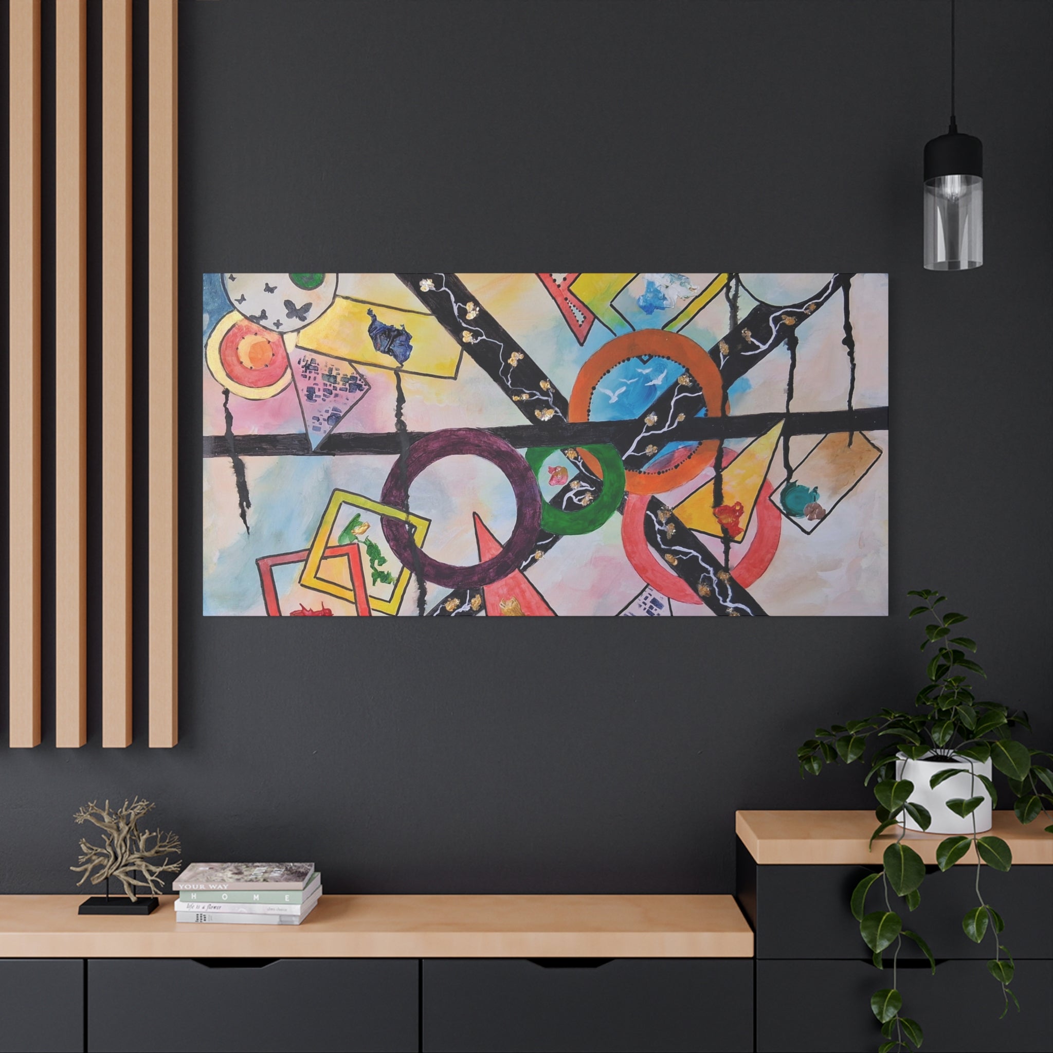 SERCHING FOR GREATNESS - Abstract Geometric Canvas Print — Colorful Rings & Cards Matte Stretched Wall Art
