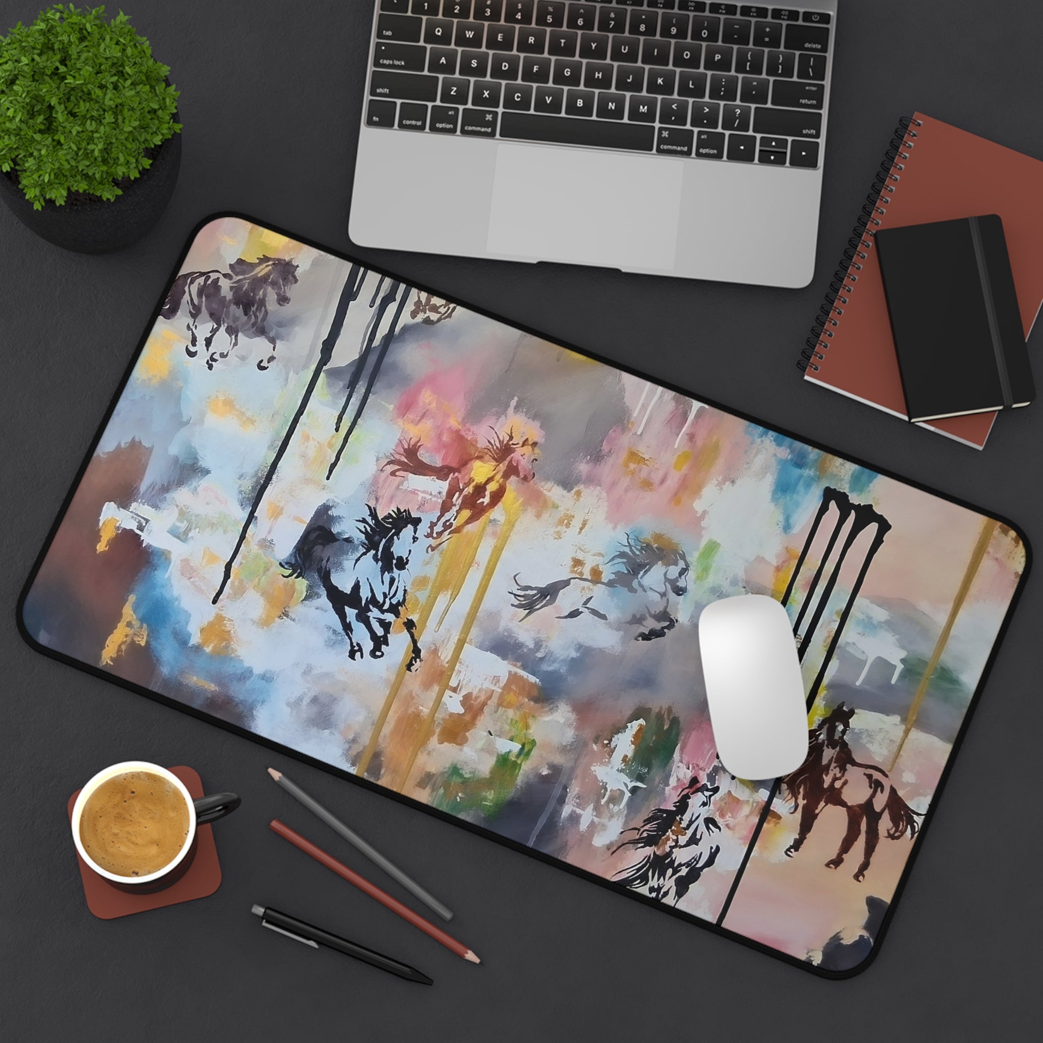 GUARDIANS OF THE QUIET PLAINS - Abstract Horsescape Desk Mat — Colorful Equestrian Art Desk Pad