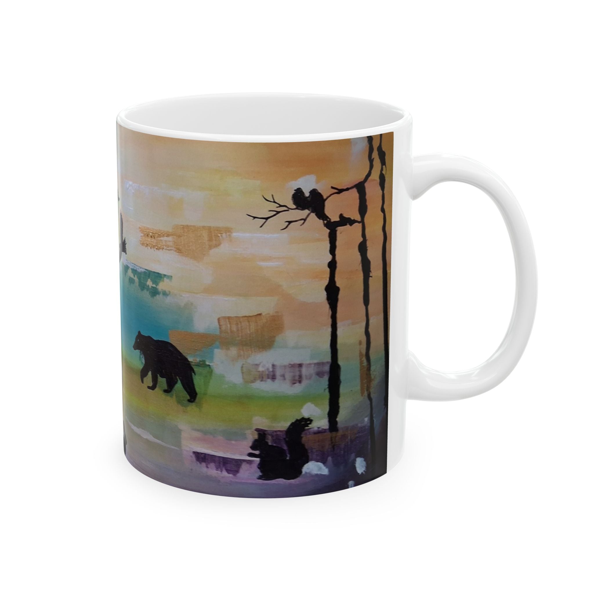 GUARDIANS OF THE FOREST - Wildlife Silhouette Ceramic Mug — Scenic Bear, Wolf & Bird Coffee Cup (11oz/15oz)