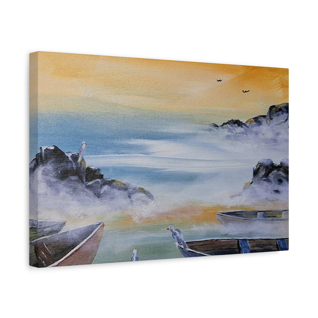 IN FOR THE NIGHT - Coastal Mist Canvas Print — Serene Sunrise Boat Wall Art