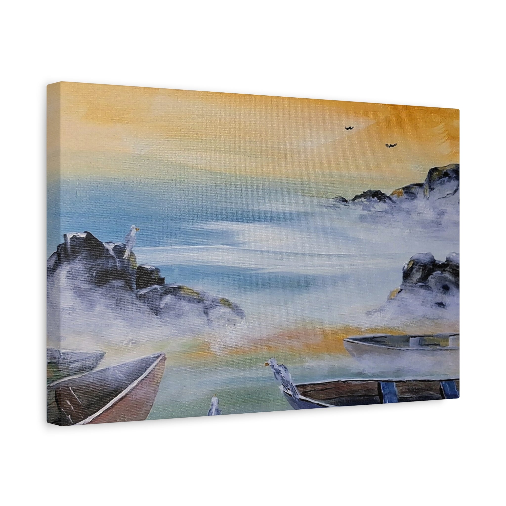 IN FOR THE NIGHT - Coastal Mist Canvas Print — Serene Sunrise Boat Wall Art