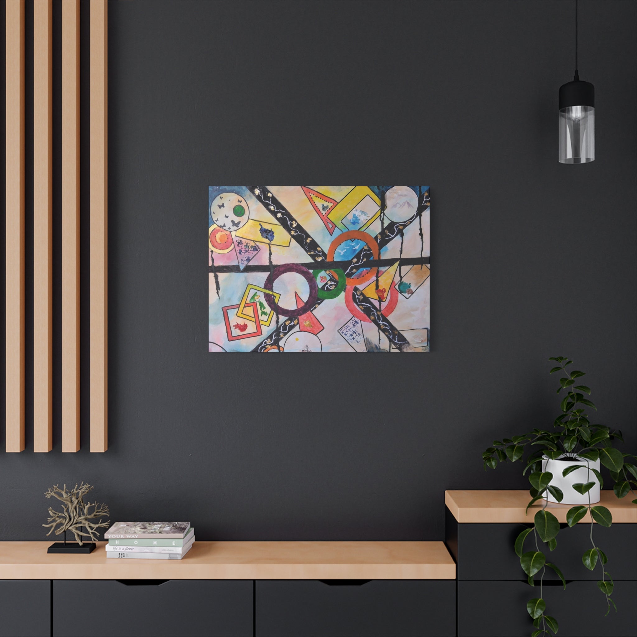 SERCHING FOR GREATNESS - Abstract Geometric Canvas Print — Colorful Rings & Cards Matte Stretched Wall Art