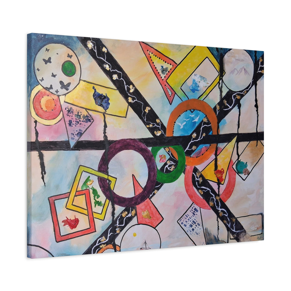 SERCHING FOR GREATNESS - Abstract Geometric Canvas Print — Colorful Rings & Cards Matte Stretched Wall Art