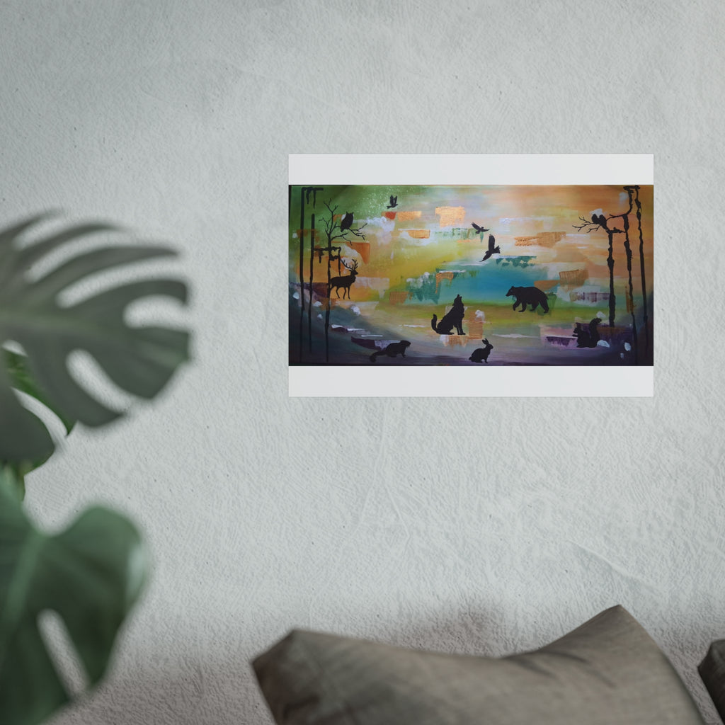 Wildlife Silhouette Fine Art Poster — Forest Animals Sunset Wall Art