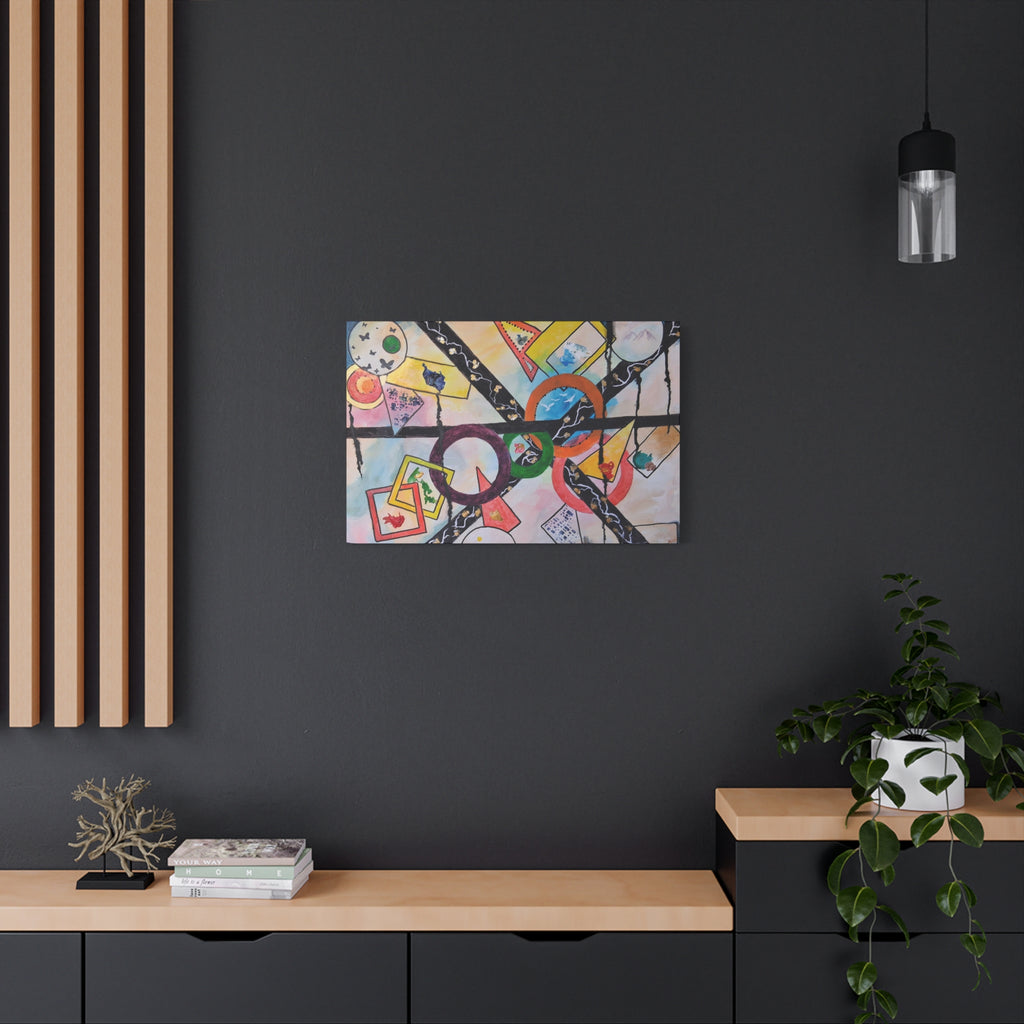 SERCHING FOR GREATNESS - Abstract Geometric Canvas Print — Colorful Rings & Cards Matte Stretched Wall Art
