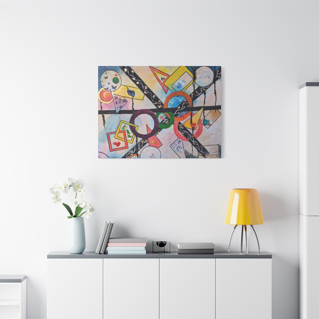 SERCHING FOR GREATNESS - Abstract Geometric Canvas Print — Colorful Rings & Cards Matte Stretched Wall Art