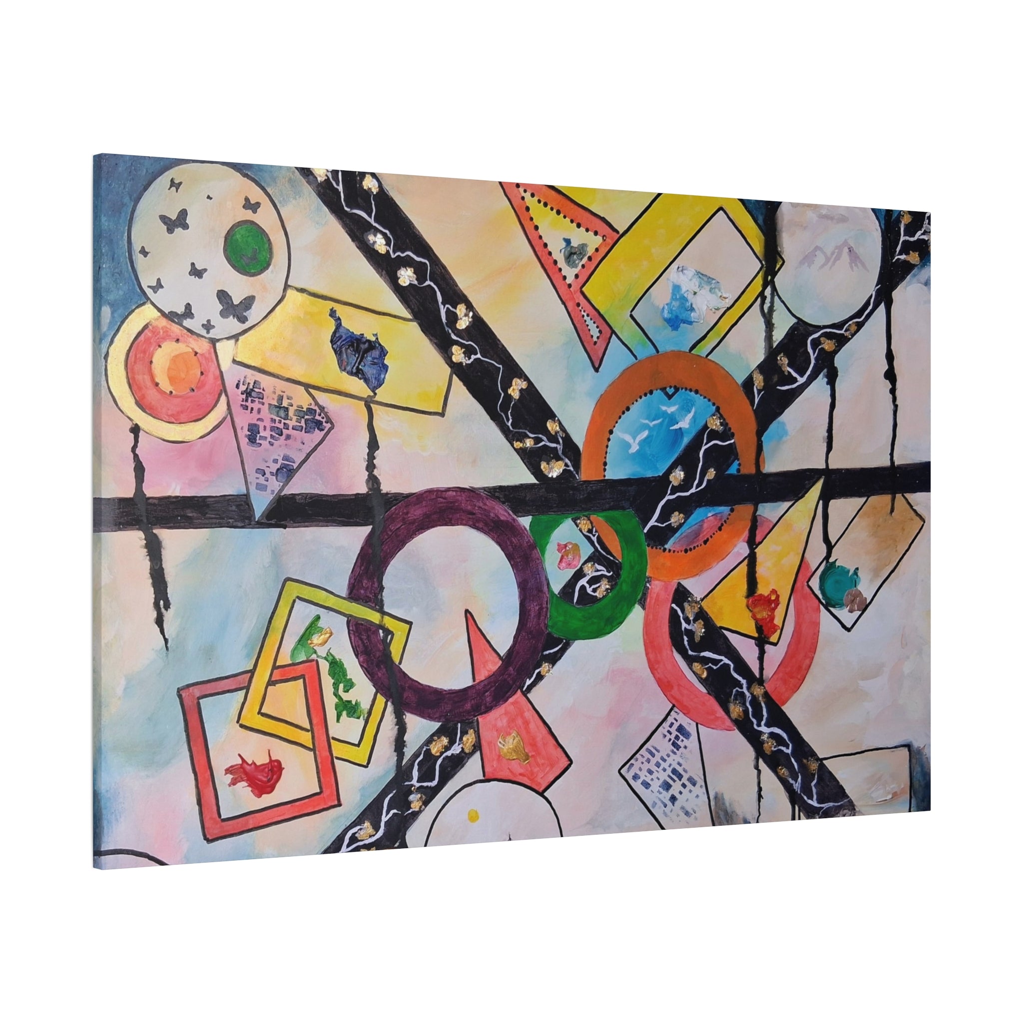 SERCHING FOR GREATNESS - Abstract Geometric Canvas Print — Colorful Rings & Cards Matte Stretched Wall Art