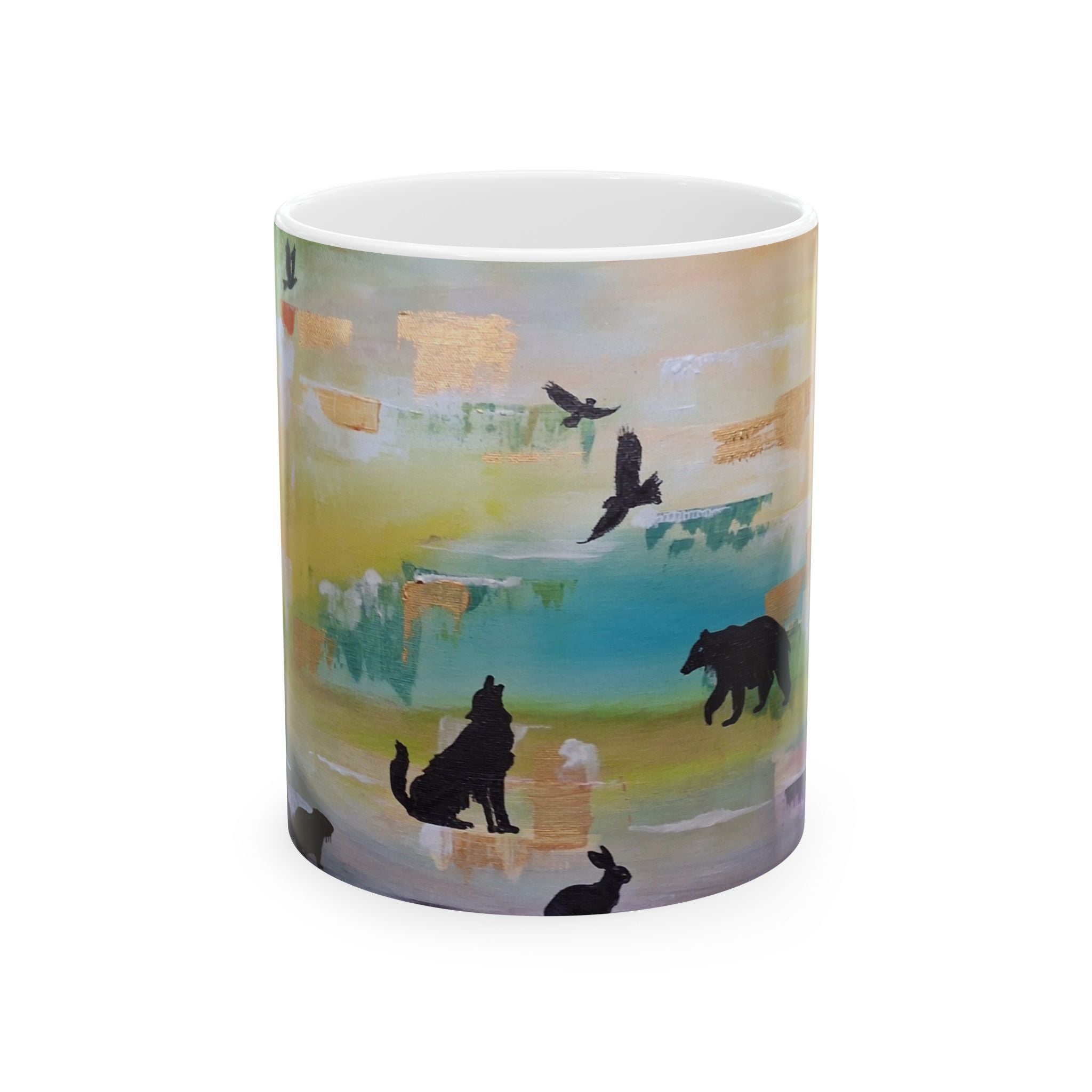 GUARDIANS OF THE FOREST - Wildlife Silhouette Ceramic Mug — Scenic Bear, Wolf & Bird Coffee Cup (11oz/15oz)