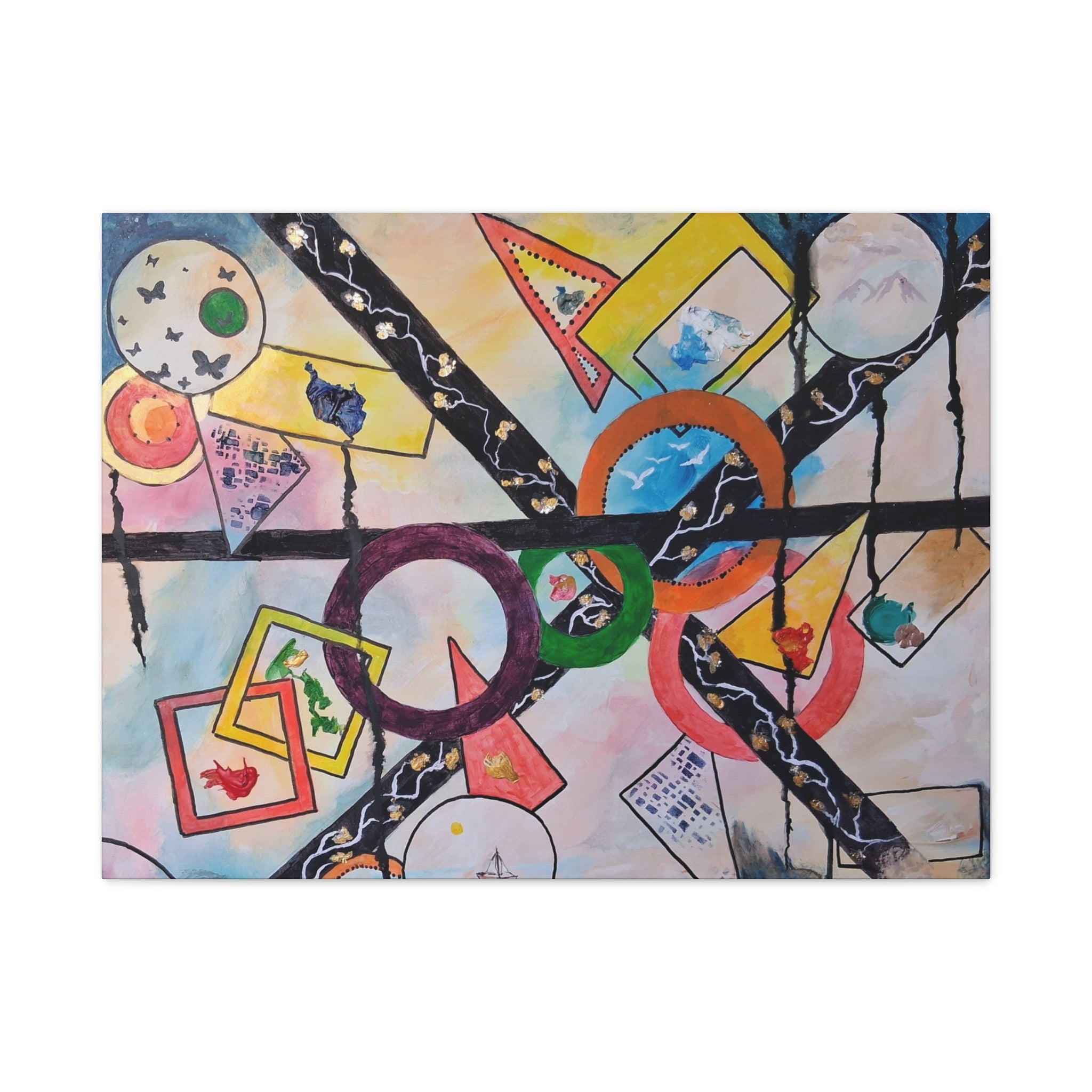 SERCHING FOR GREATNESS - Abstract Geometric Canvas Print — Colorful Rings & Cards Matte Stretched Wall Art