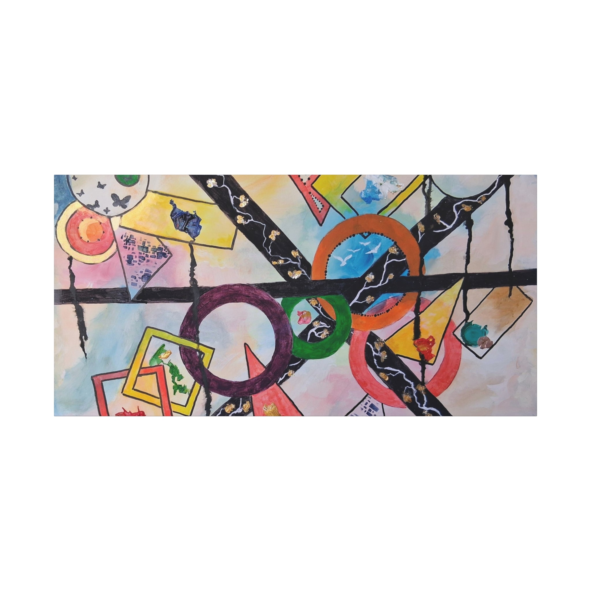 SERCHING FOR GREATNESS - Abstract Geometric Canvas Print — Colorful Rings & Cards Matte Stretched Wall Art
