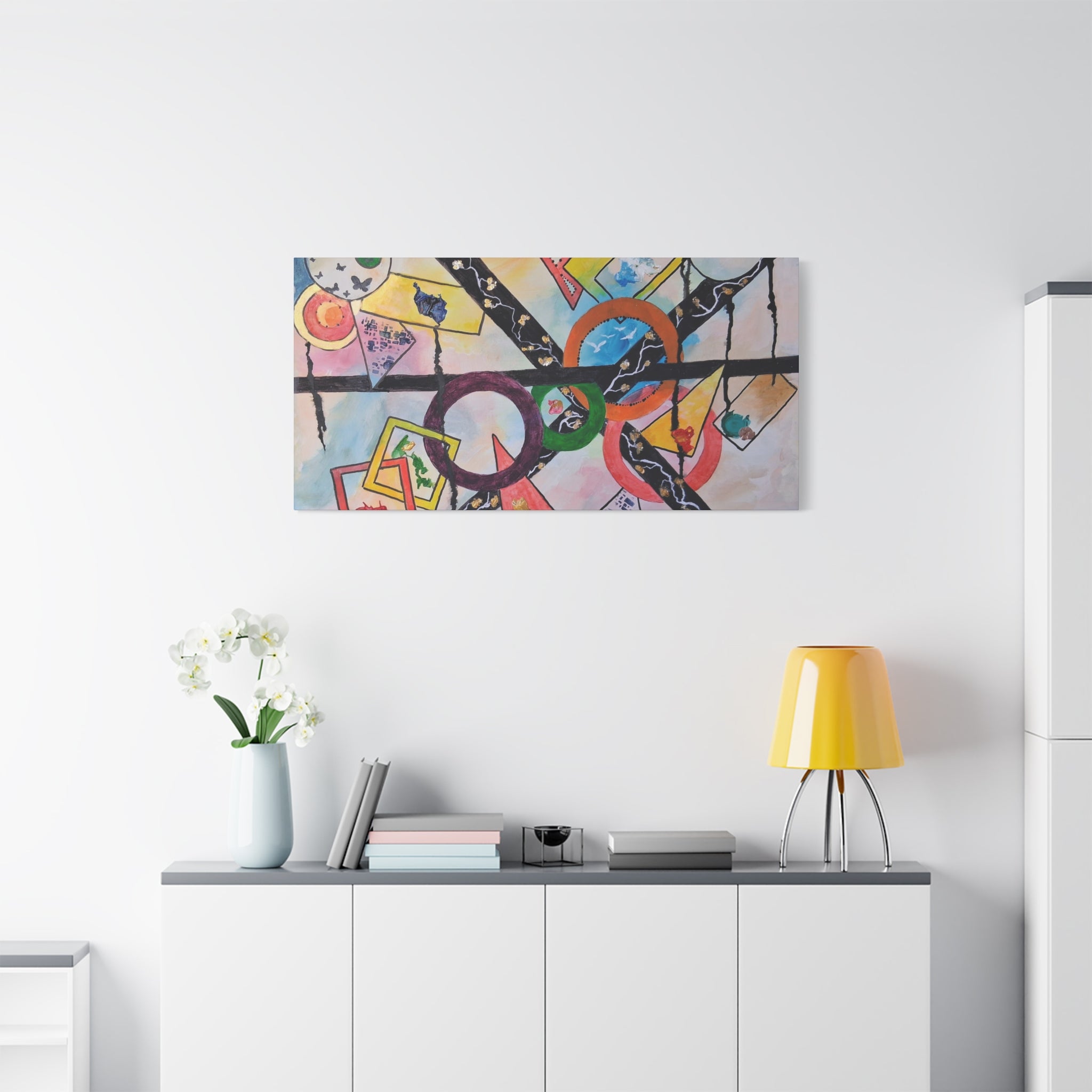 SERCHING FOR GREATNESS - Abstract Geometric Canvas Print — Colorful Rings & Cards Matte Stretched Wall Art