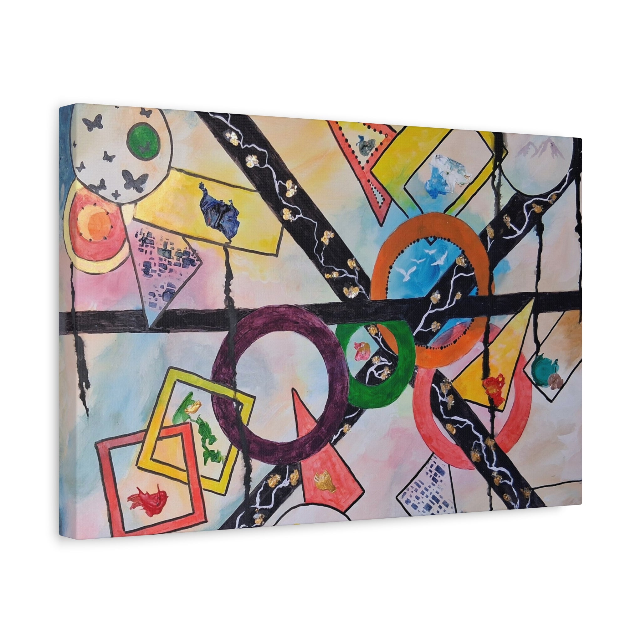 SERCHING FOR GREATNESS - Abstract Geometric Canvas Print — Colorful Rings & Cards Matte Stretched Wall Art