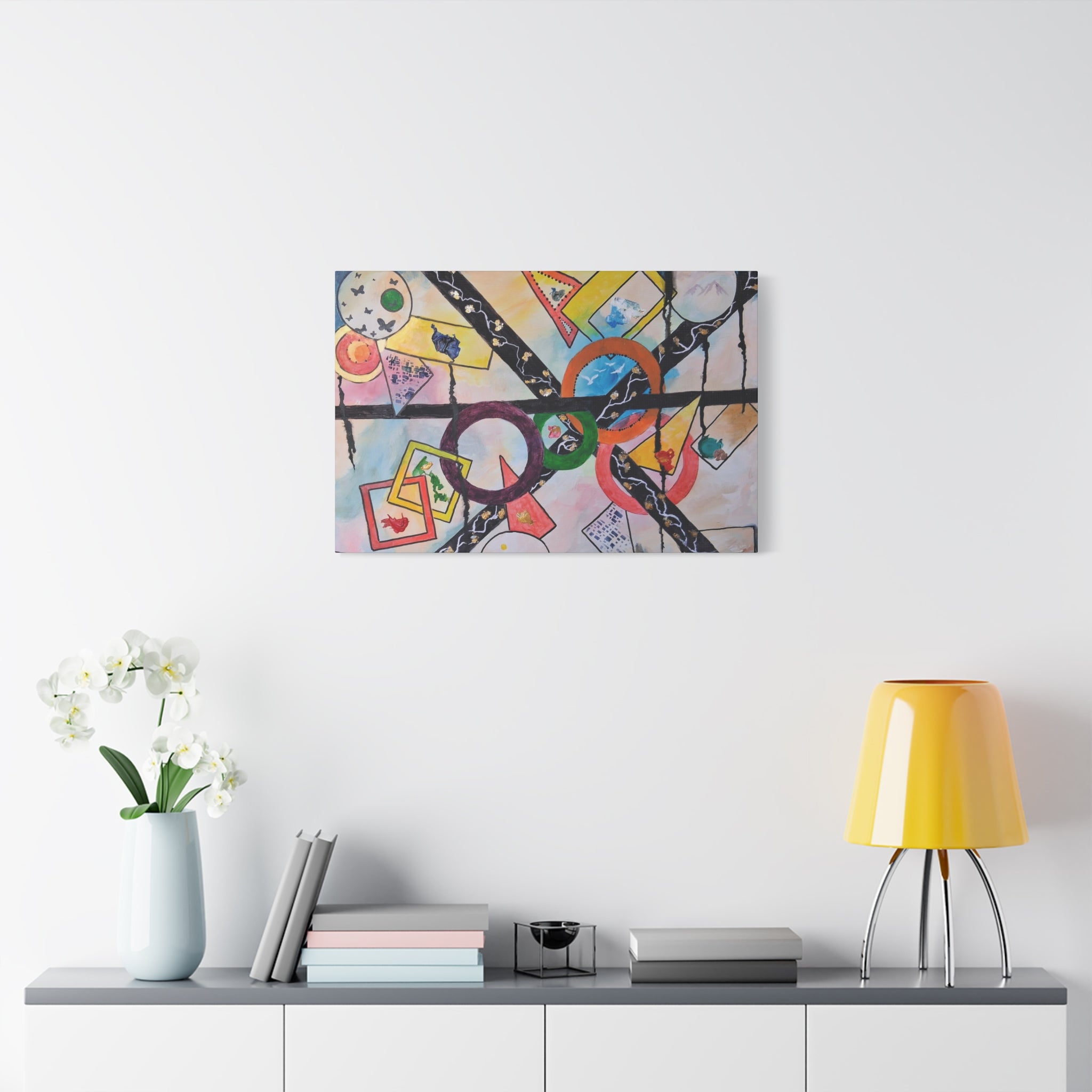 SERCHING FOR GREATNESS - Abstract Geometric Canvas Print — Colorful Rings & Cards Matte Stretched Wall Art
