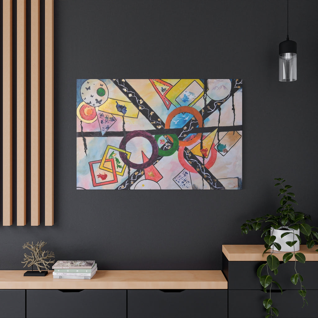 SERCHING FOR GREATNESS - Abstract Geometric Canvas Print — Colorful Rings & Cards Matte Stretched Wall Art