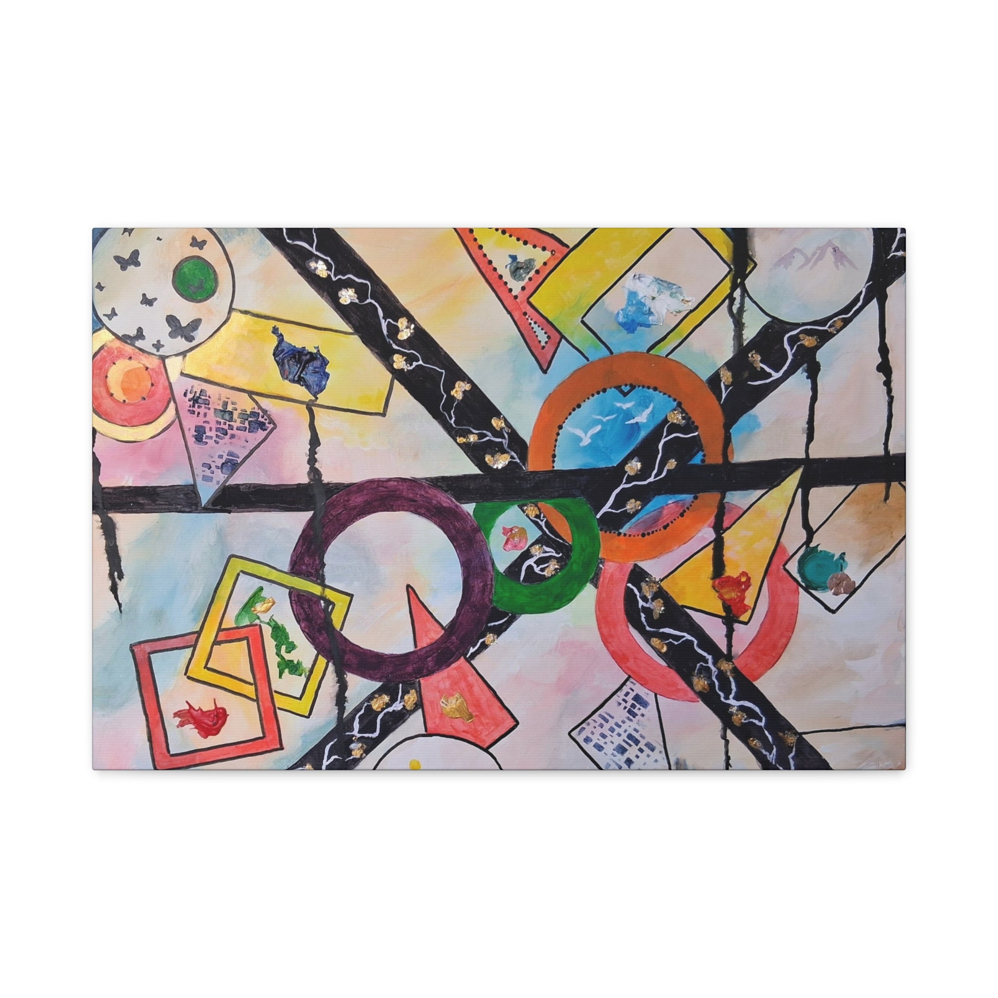 SERCHING FOR GREATNESS - Abstract Geometric Canvas Print — Colorful Rings & Cards Matte Stretched Wall Art