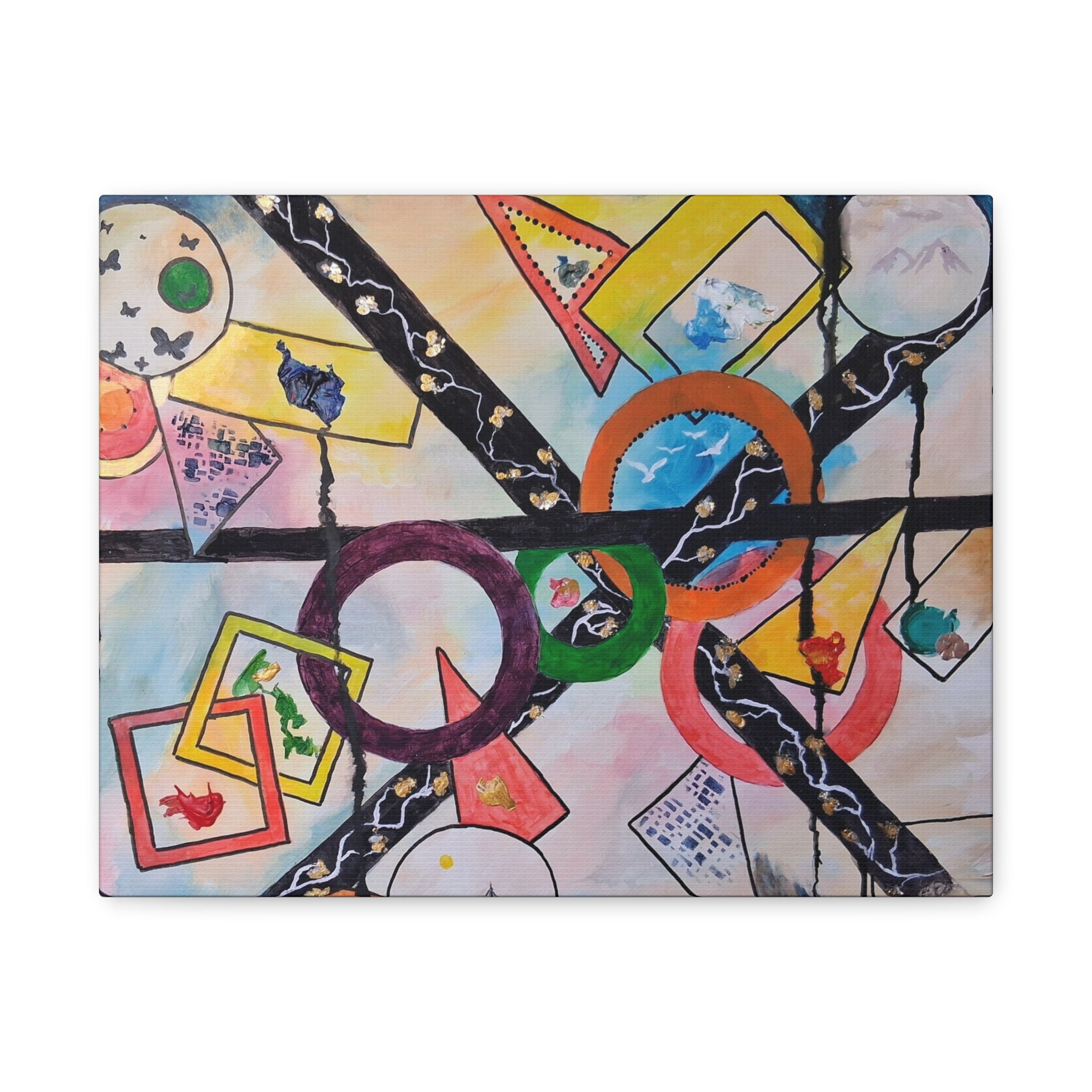 SERCHING FOR GREATNESS - Abstract Geometric Canvas Print — Colorful Rings & Cards Matte Stretched Wall Art