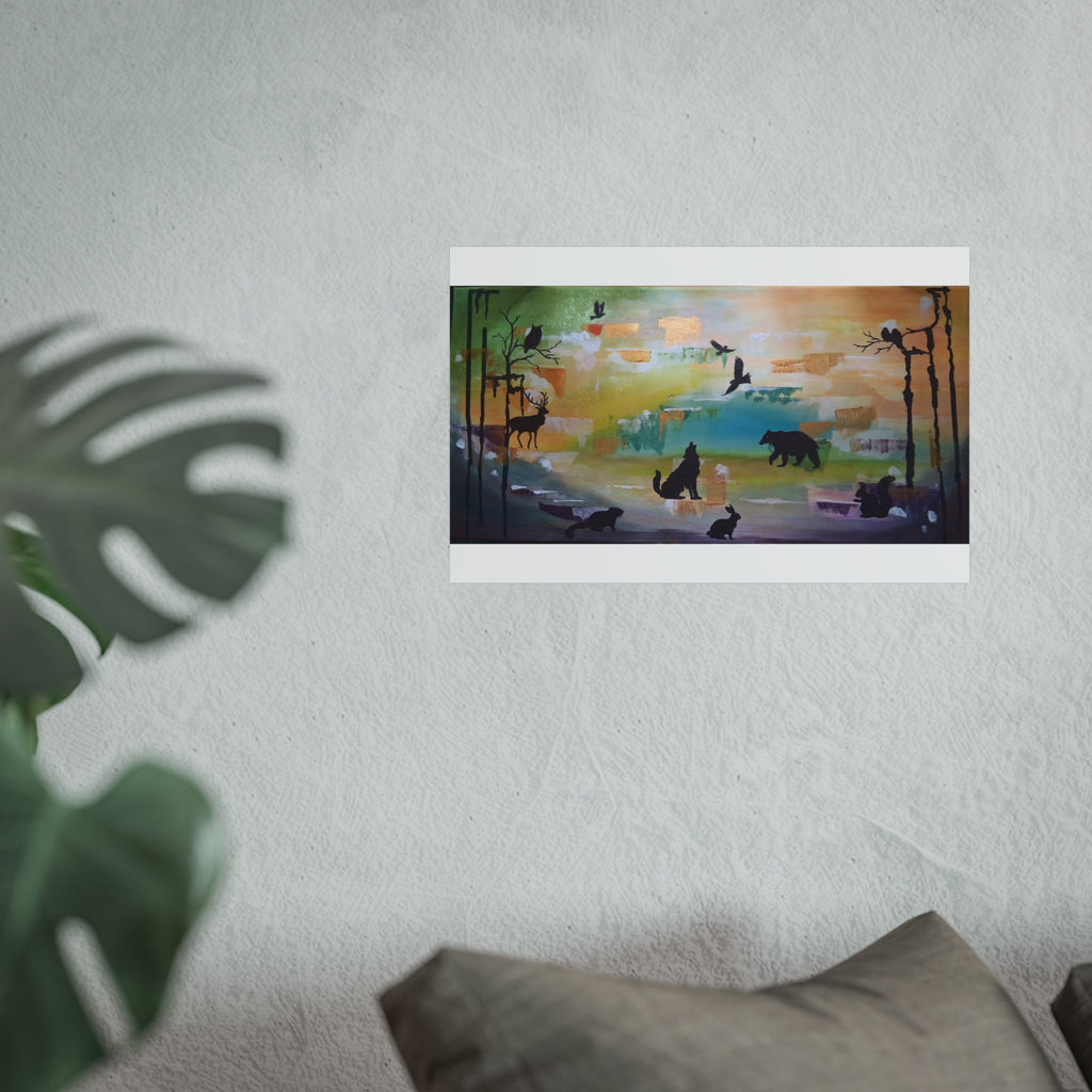 Wildlife Silhouette Fine Art Poster — Forest Animals Sunset Wall Art