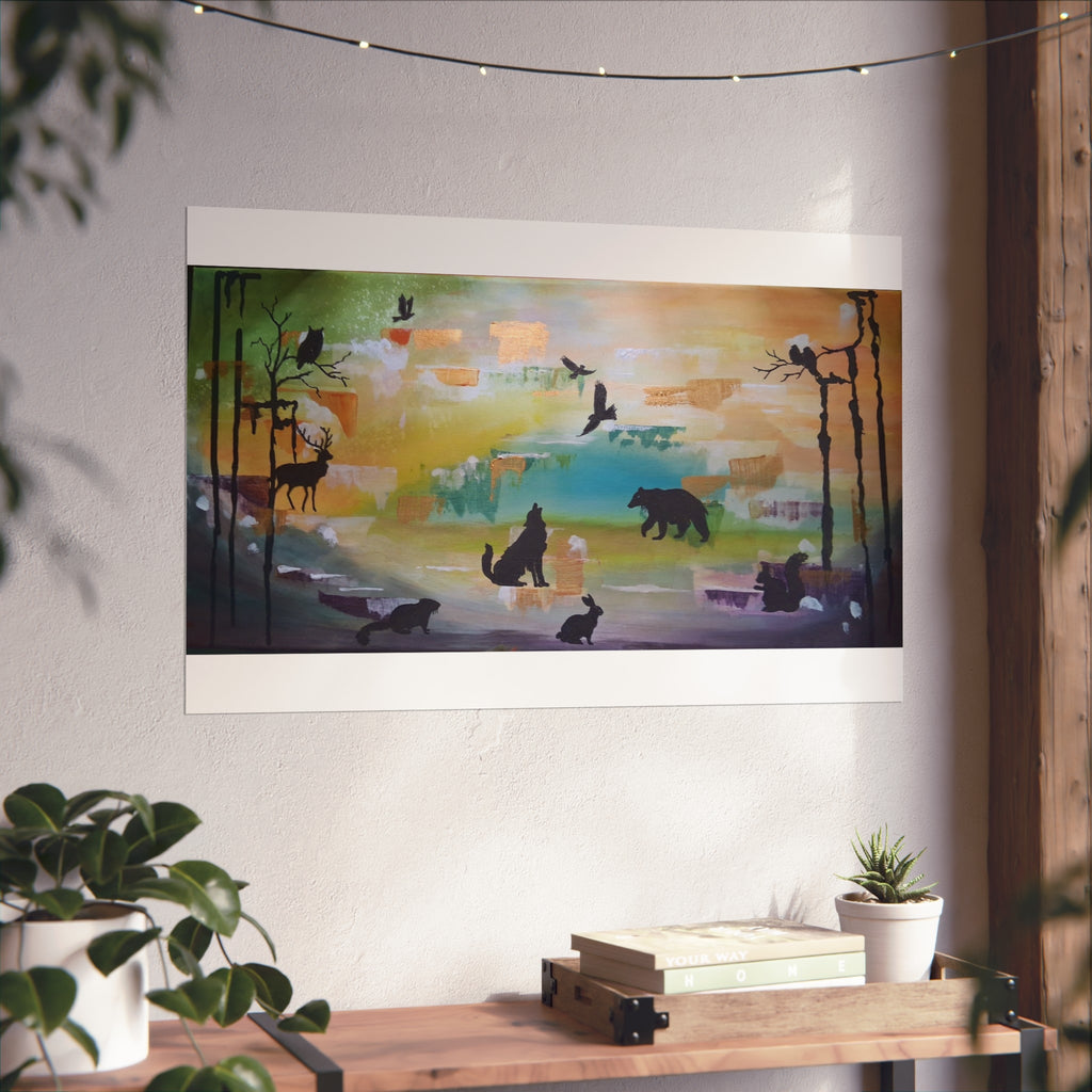 Wildlife Silhouette Fine Art Poster — Forest Animals Sunset Wall Art