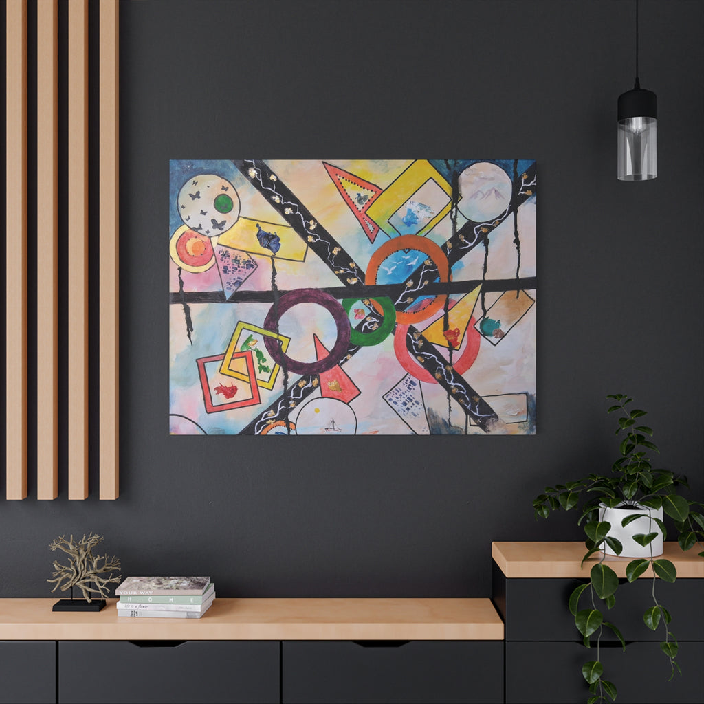 SERCHING FOR GREATNESS - Abstract Geometric Canvas Print — Colorful Rings & Cards Matte Stretched Wall Art
