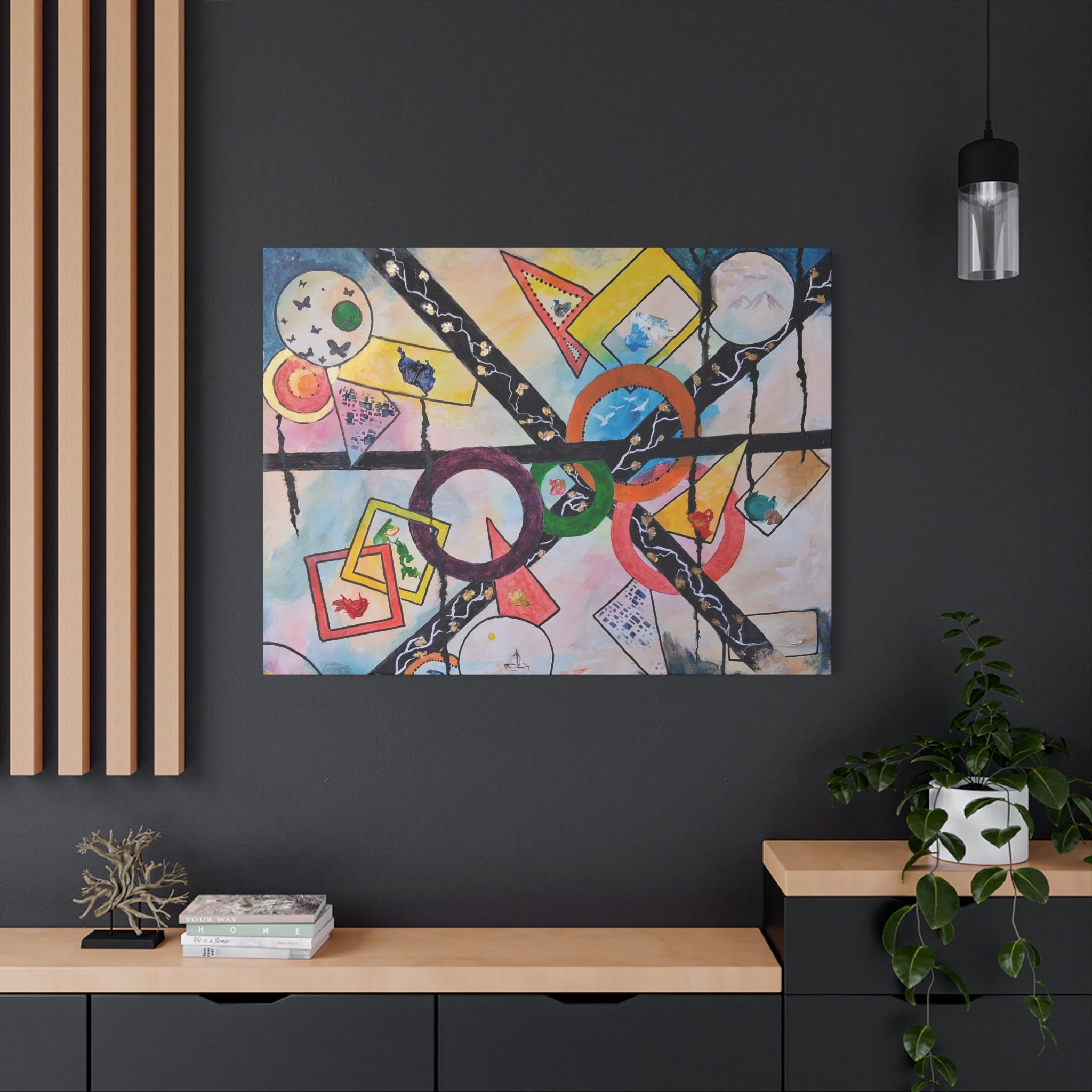 SERCHING FOR GREATNESS - Abstract Geometric Canvas Print — Colorful Rings & Cards Matte Stretched Wall Art
