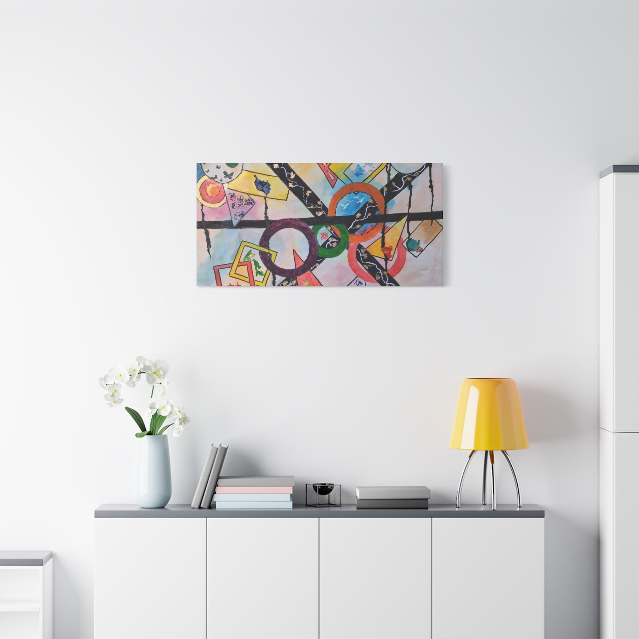 SERCHING FOR GREATNESS - Abstract Geometric Canvas Print — Colorful Rings & Cards Matte Stretched Wall Art
