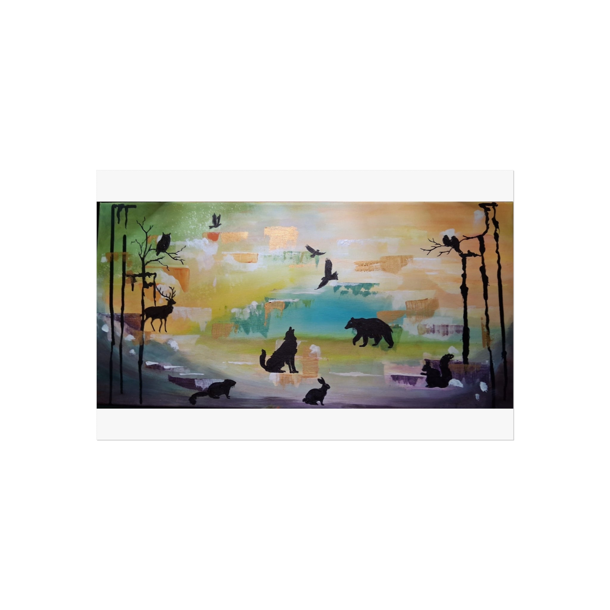 Wildlife Silhouette Fine Art Poster — Forest Animals Sunset Wall Art
