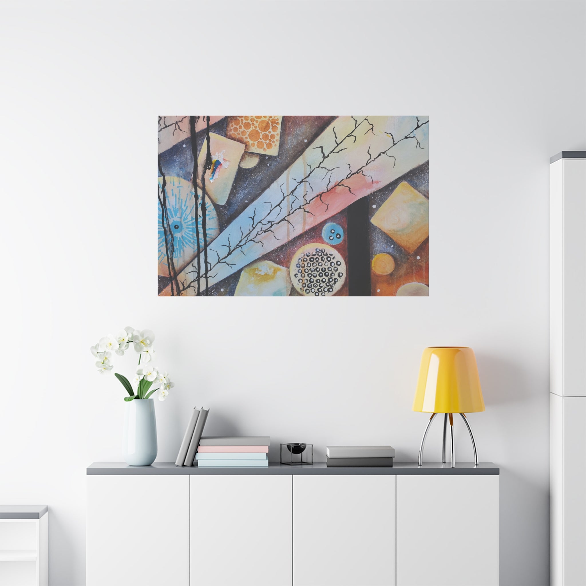 GOLDEN CARTOGRAPHY - DRIFT OF THE BLUE REALM - Abstract Geometric Canvas Art - Pastel Galaxy Stretched Matte Print